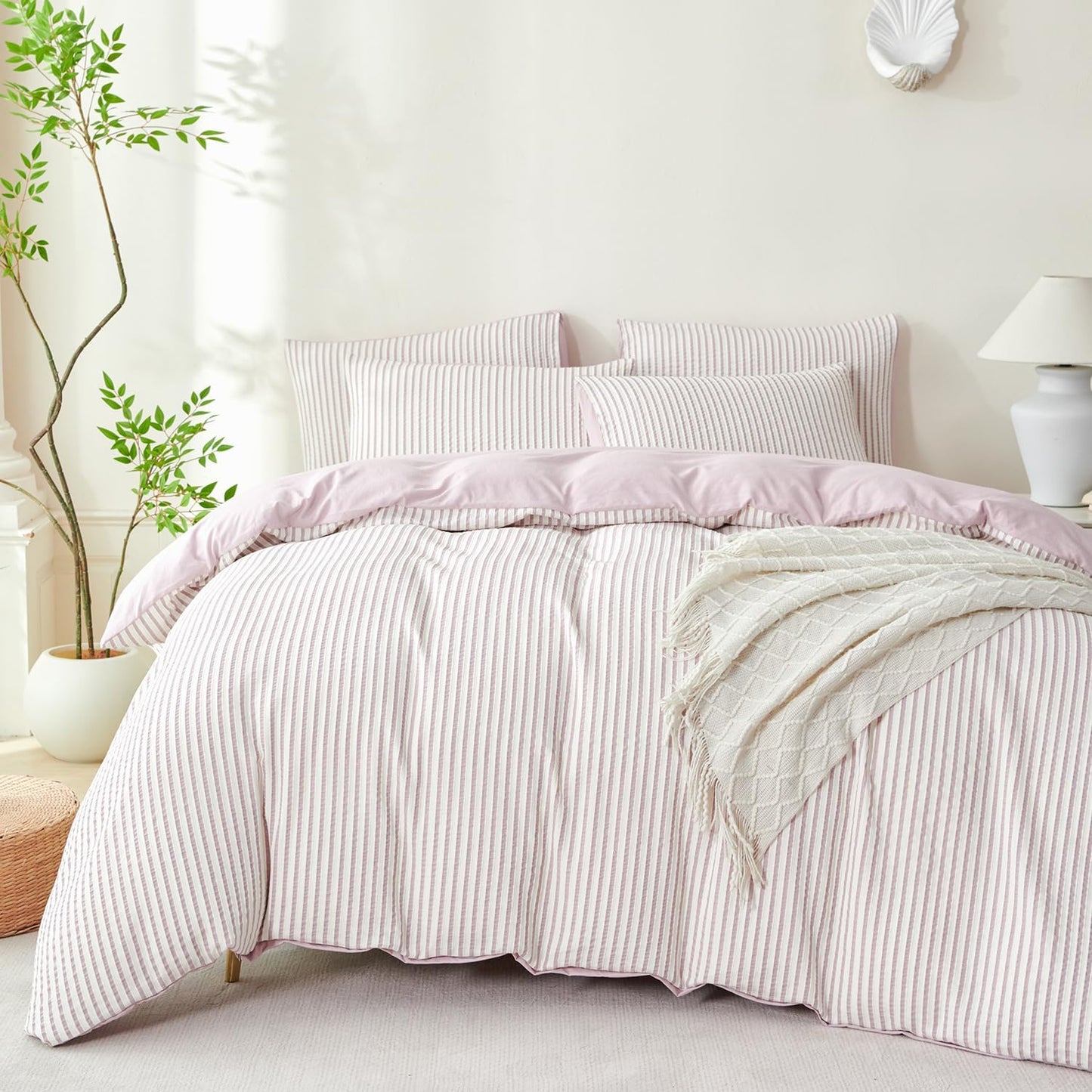 Striped Duvet Cover Queen Beige Washed Microfiber Jacquard 3 Pieces Bedding Set, White Beige Vertical Ticking Stripes Pattern Comforter Cover with Zipper Closure Breathable Durable Soft Comfy