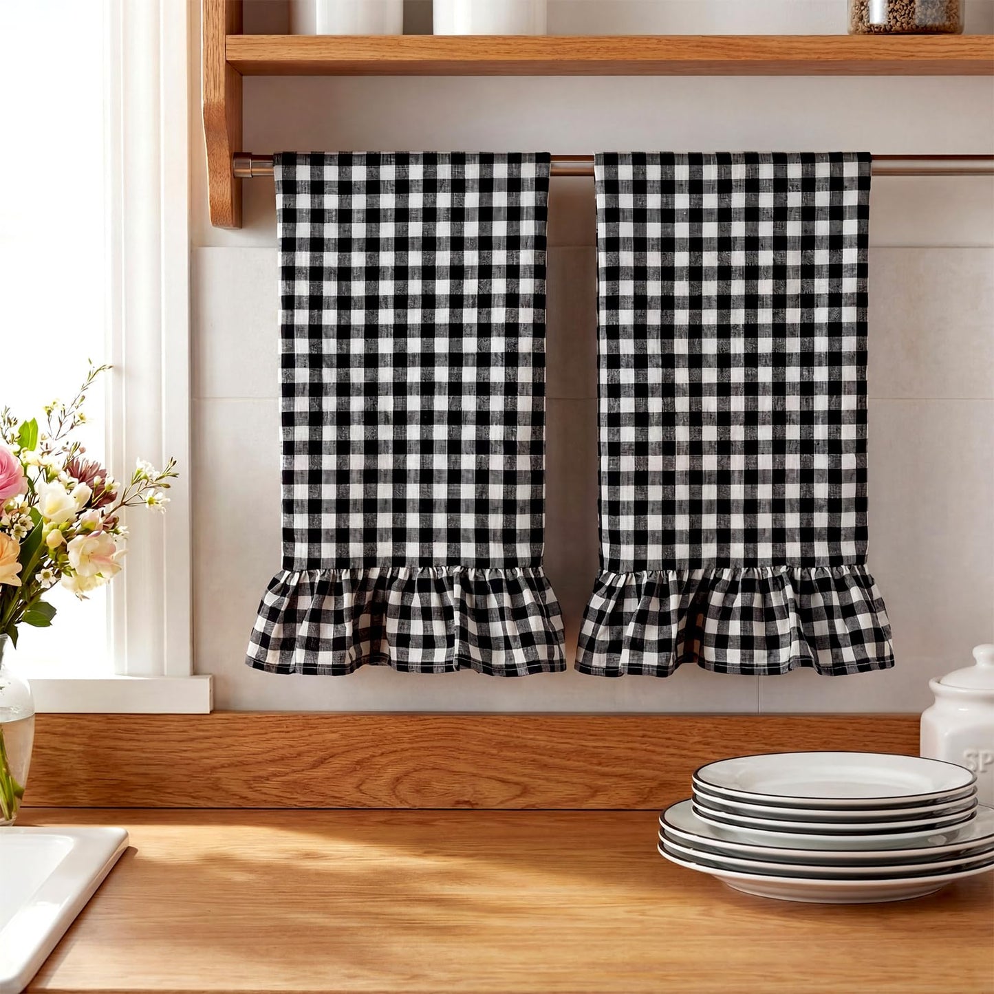 HunnmingRe Taupe Kitchen Towels Set of 2, 100% Cotton Ruffled Gingham Dish Towels 18"x28" Tea Cloths Classic Plaid Pattern for Farmhouse Charm, Drying Dishes, Entertaining Guests