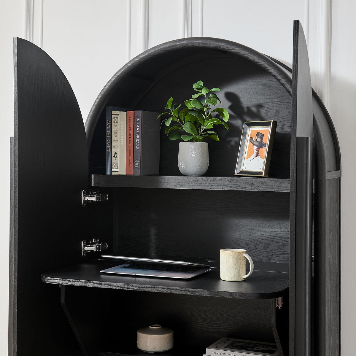 Modern Arched Storage Cabinet with Concealed Desk & Shelves