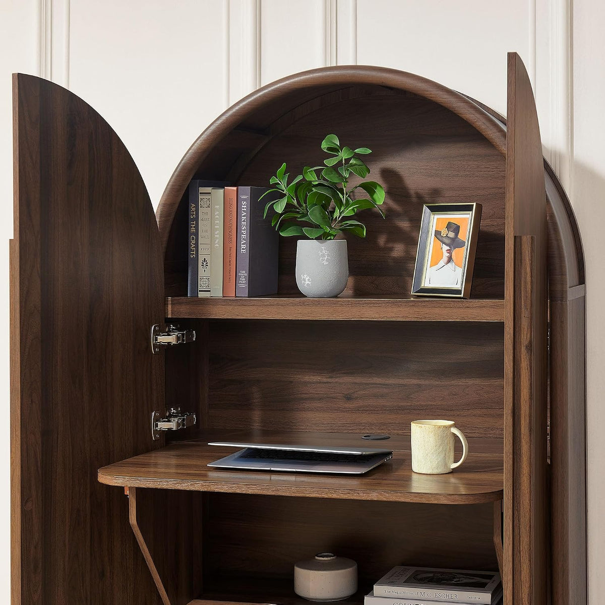 Modern Arched Storage Cabinet with Concealed Desk & Shelves