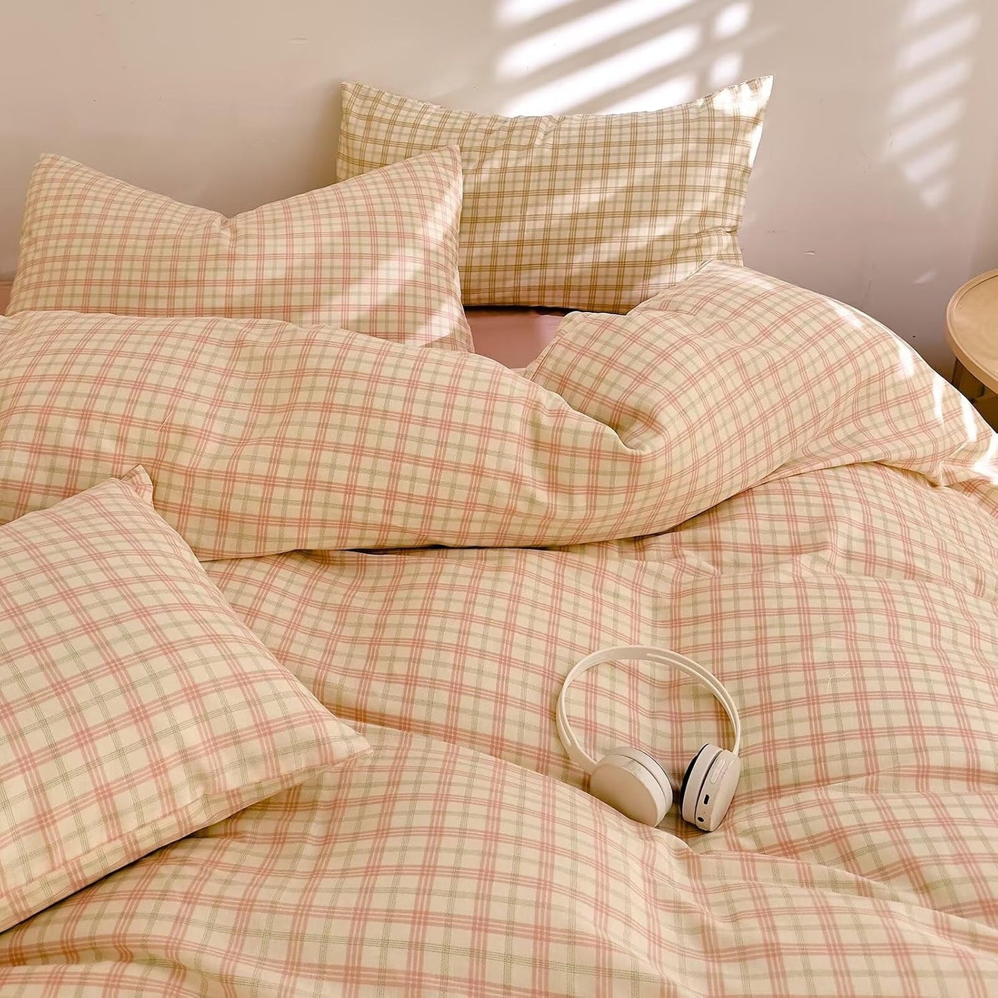 Duvet Cover Set - Brown Plaid Gingham Comforter Cover with Zipper Closure