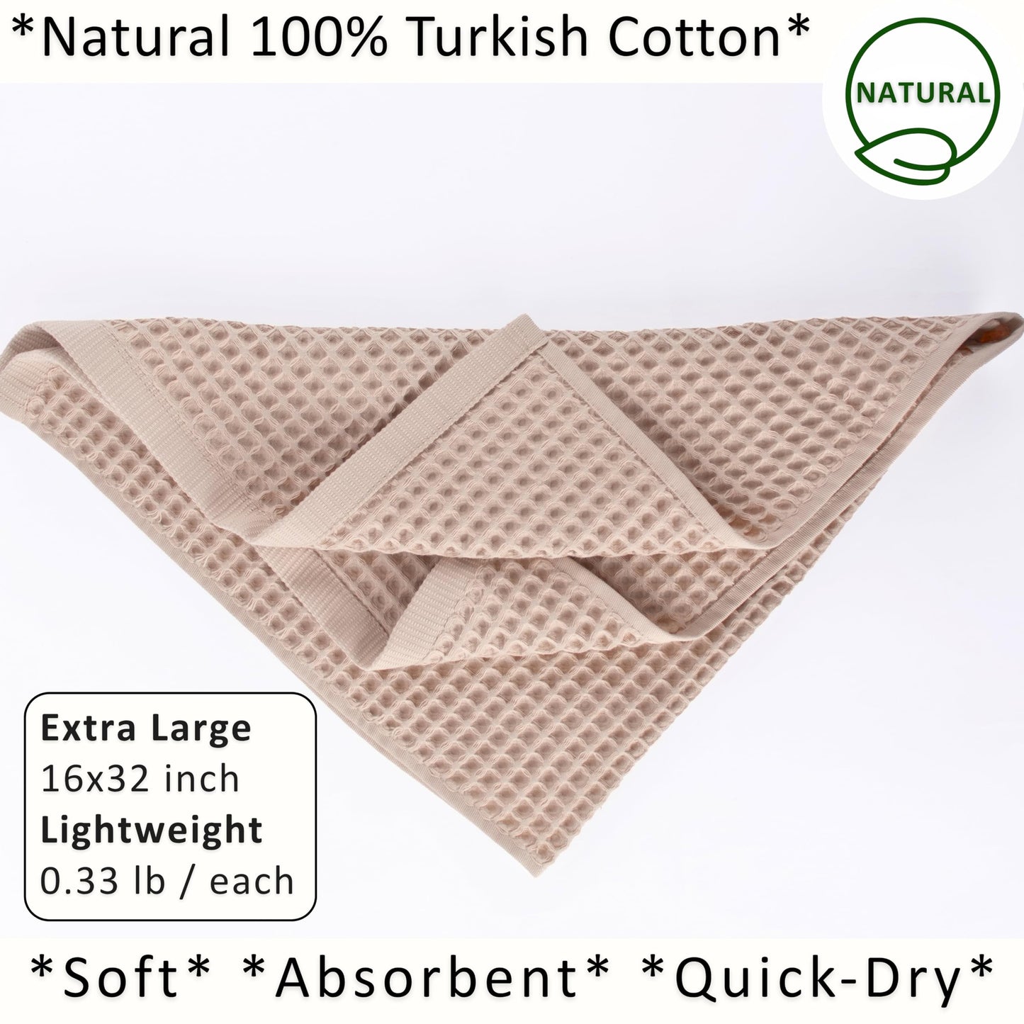 PÜSKÜL Organic Waffle Kitchen Towel Pure 100% Turkish Cotton Set of 3 Natural Raw-Undyed Towel - Premium Quality Soft Quick-Dry Absorbent Lint-Free Hand & Dish Towels Large 32X16 (3, Natural Beige)