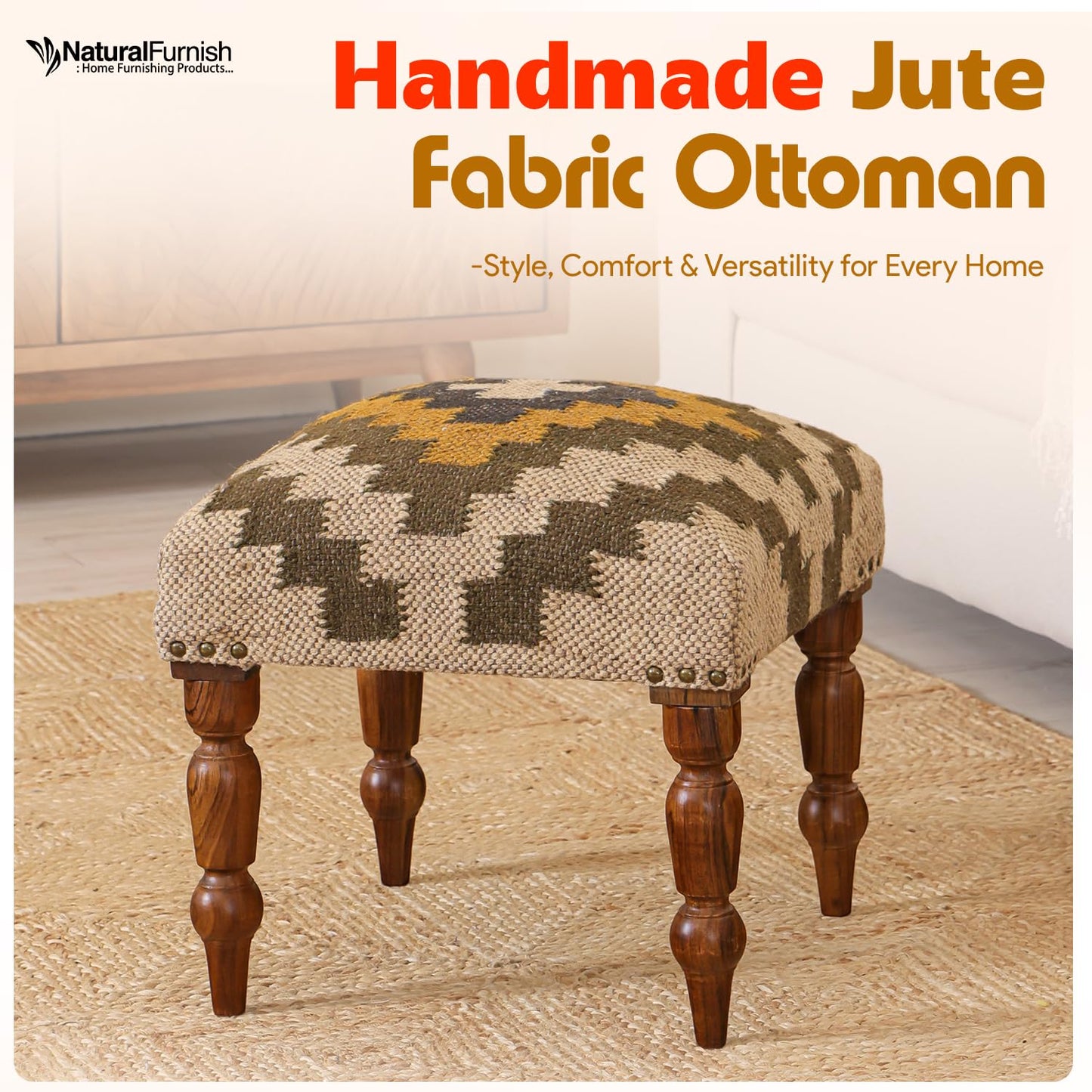 Handmade Jute Ottoman Stool with Wooden Legs