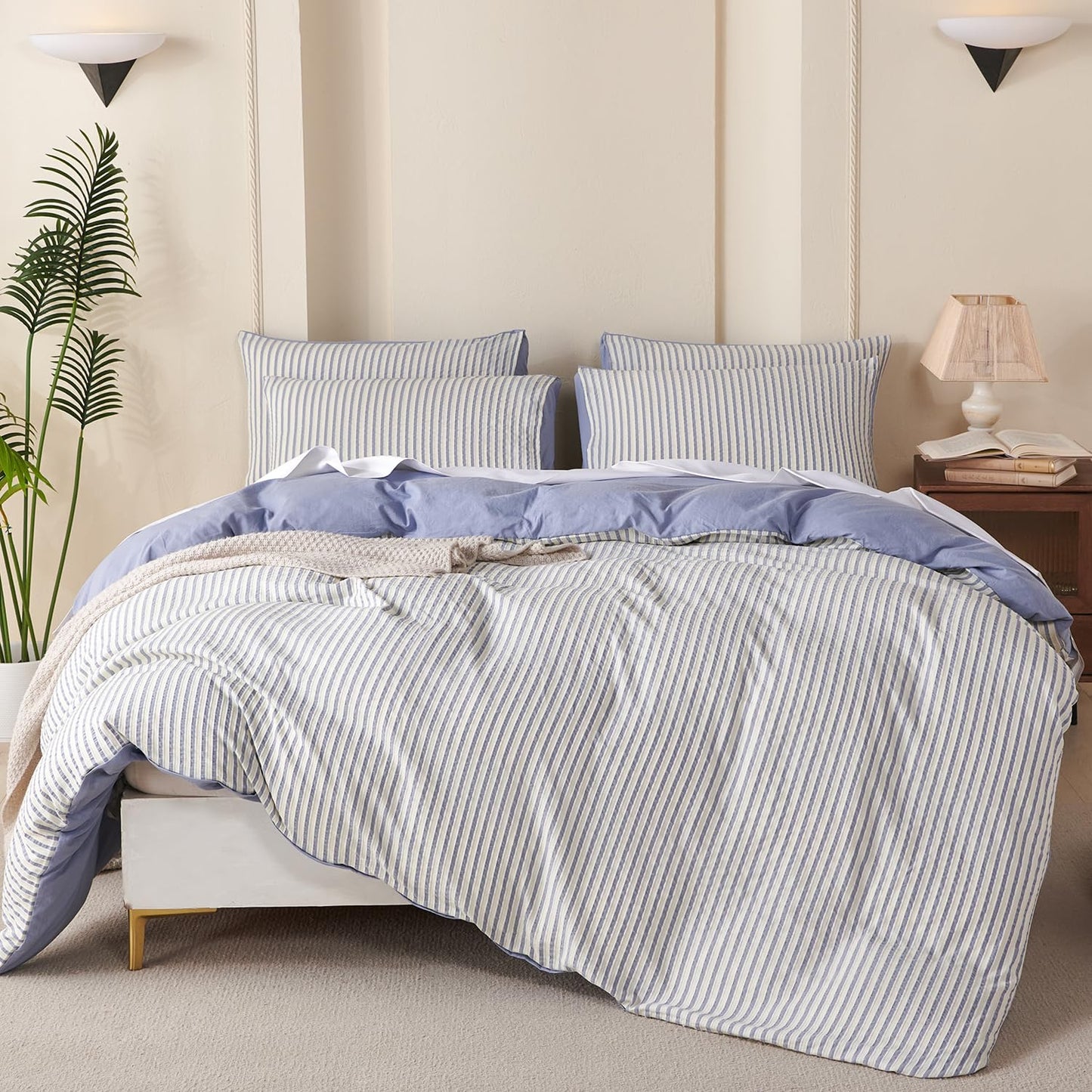 Striped Duvet Cover Queen Beige Washed Microfiber Jacquard 3 Pieces Bedding Set, White Beige Vertical Ticking Stripes Pattern Comforter Cover with Zipper Closure Breathable Durable Soft Comfy