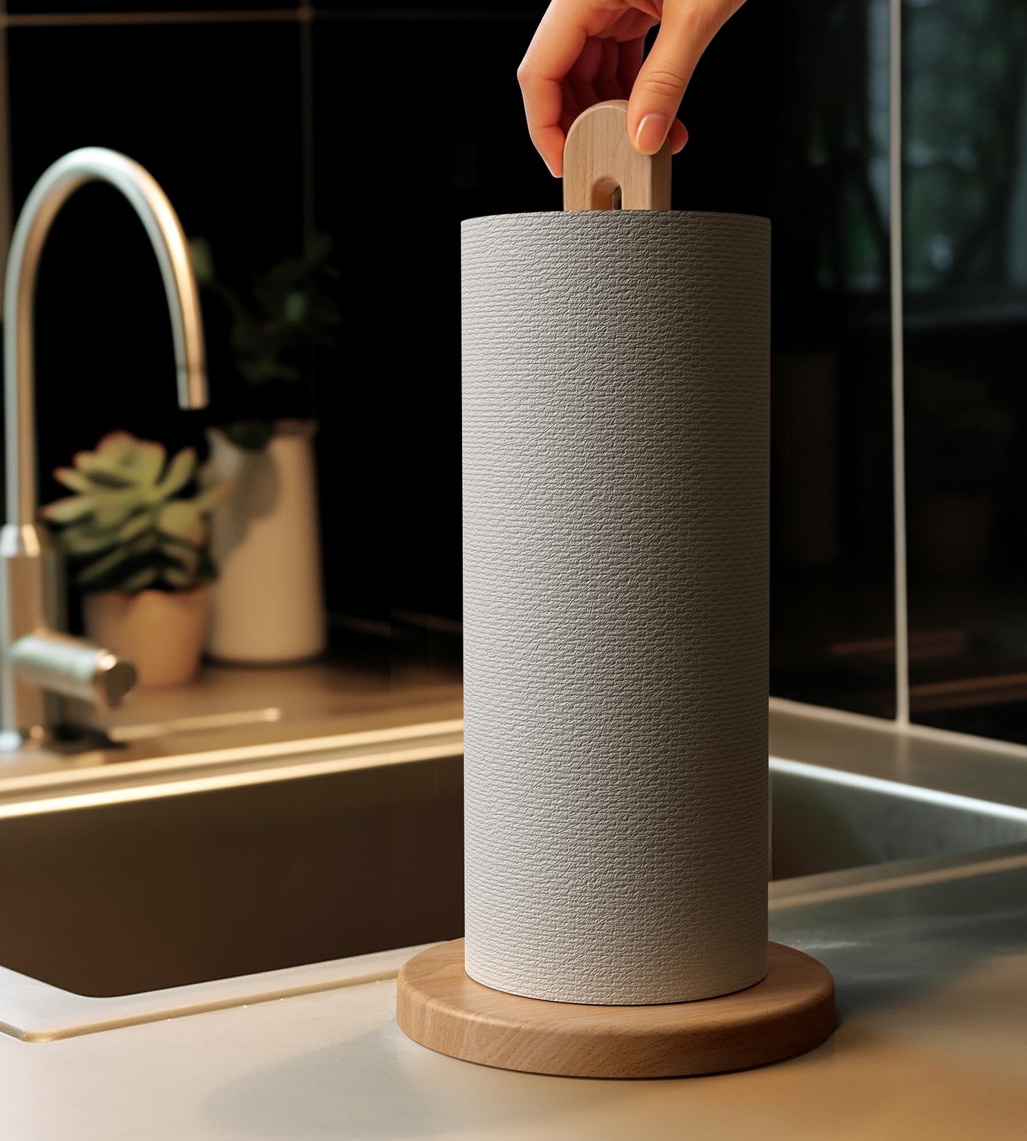 KitchLife Acacia Wooden Paper Towel Holder Countertop, 6.5" Jumbo Base, Fits Jumbo Rolls, Large Freestanding Dark Wood Paper Towel Stand Upgraded Dispenser Organizer with Non-Slip Base