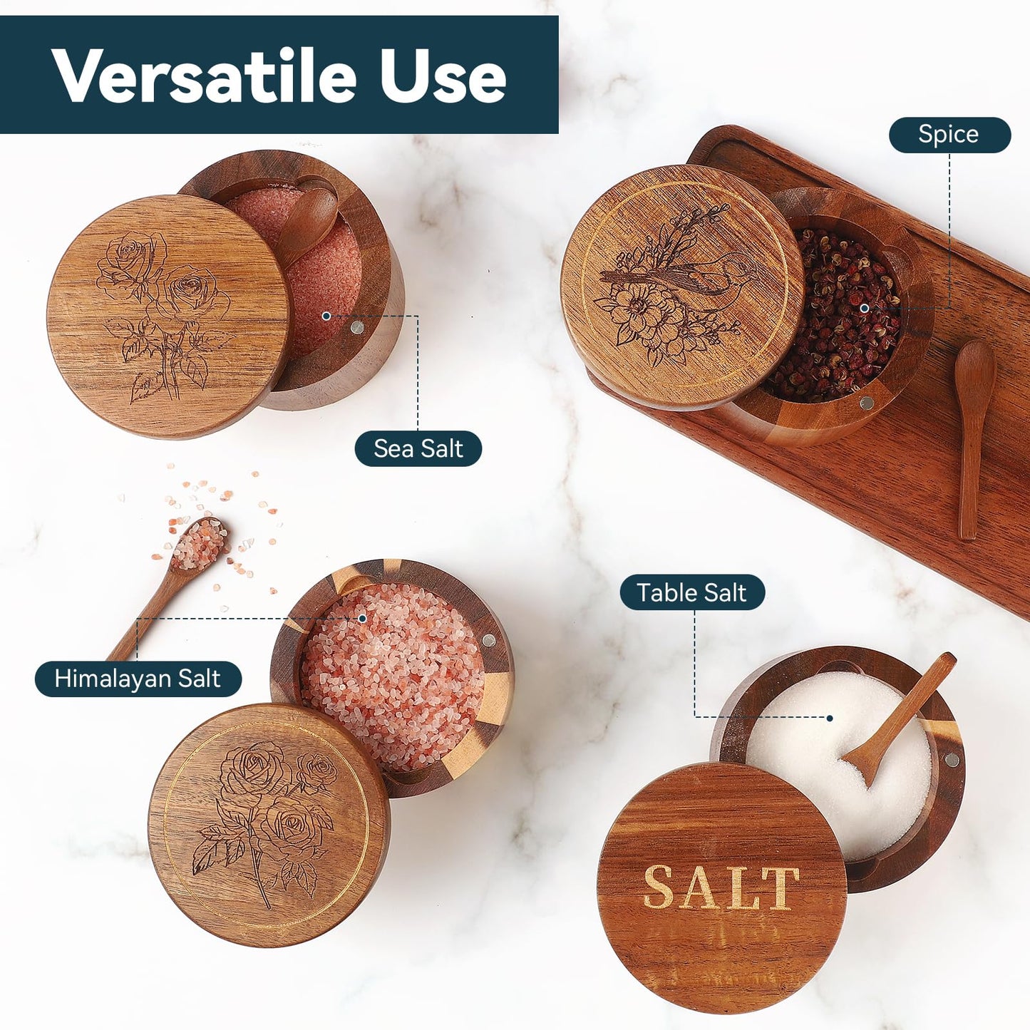 Timtopno Salt Cellar, Acacia Wood Salt Container with Built-in Spoon & Swivel Lid, Engraved SALT Box, Salt Holder Bowl for Countertop Seasoning Storage