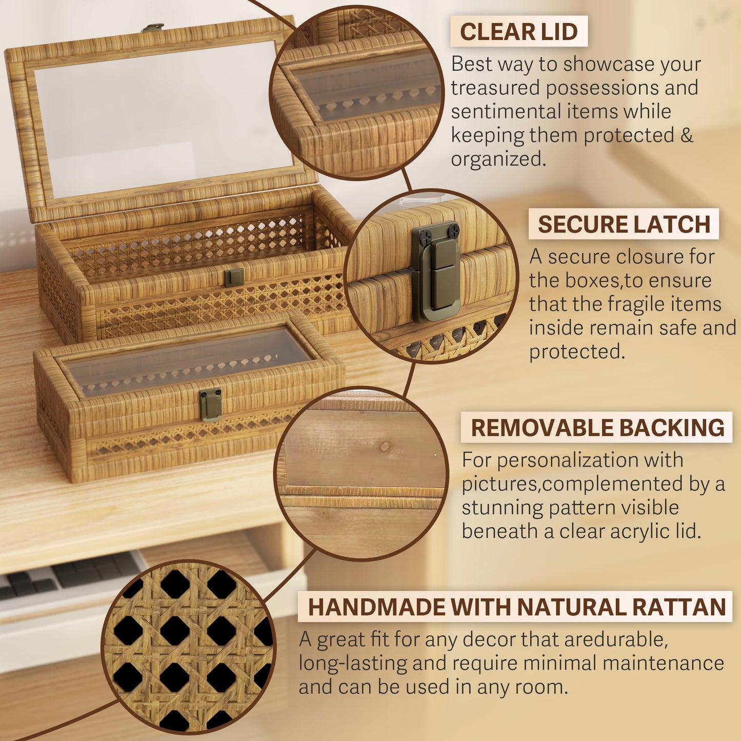 Rattan Decorative Box,Boho Display Boxes with Lids,Set of 2 Rectangular Wicker Storage Decoration,Natural Woven Cane Bins for Home Decor for Rustic Farmhouse(Yellow and Black)