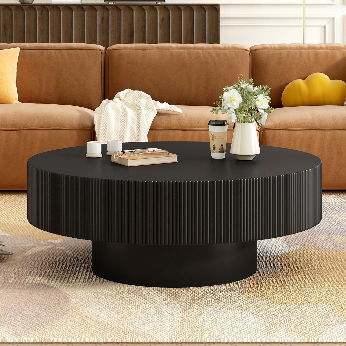 WILLIAMSPACE 43.31" Rectangle Coffee Table with Burl Wood Veneer & Sturdy Base, Modern Luxury Wood Drum Center Table End Table Accent Side Table for Living Room, Minimalist Fluted Design, Oak