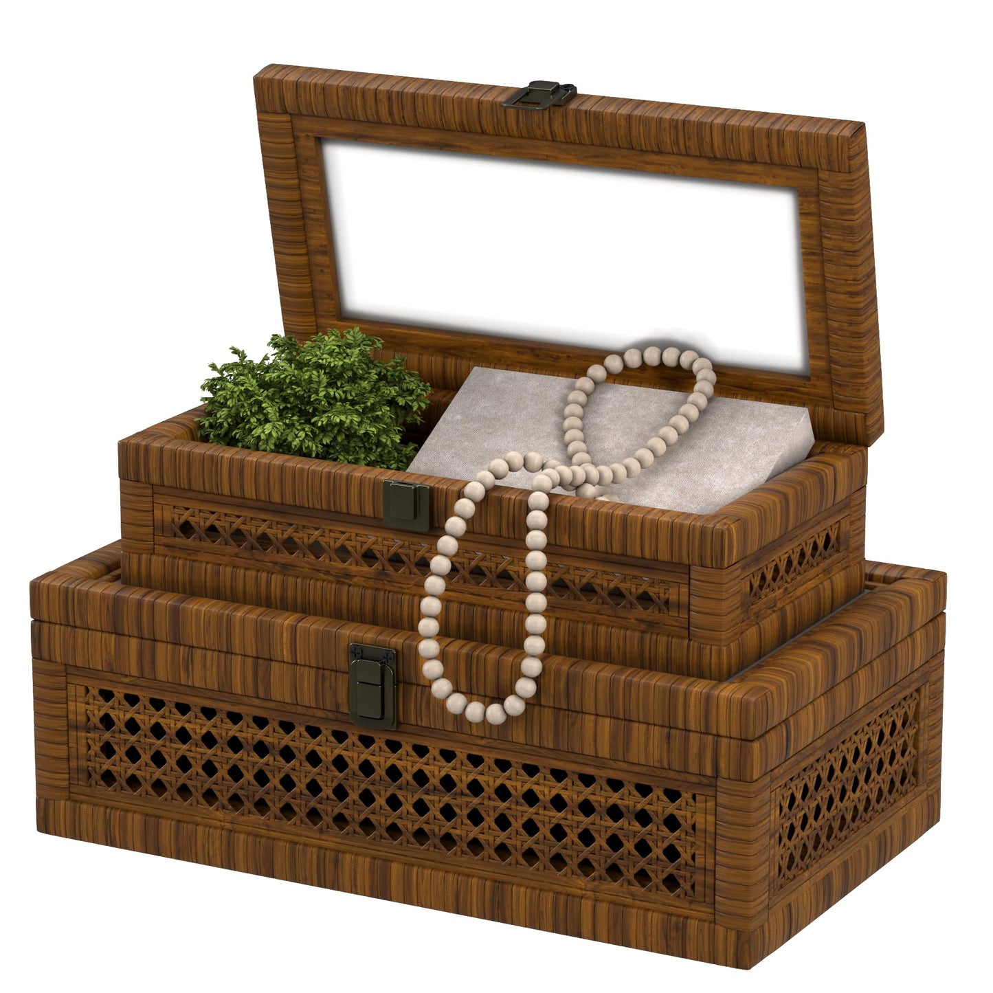 Rattan Decorative Box,Boho Display Boxes with Lids,Set of 2 Rectangular Wicker Storage Decoration,Natural Woven Cane Bins for Home Decor for Rustic Farmhouse(Yellow and Black)