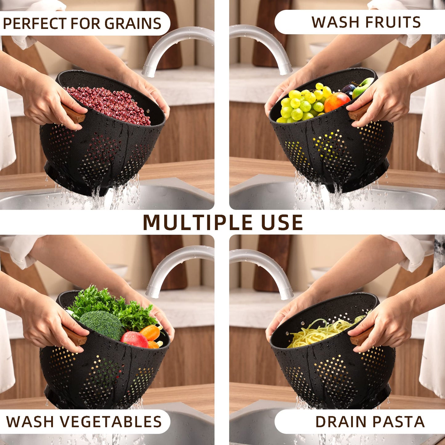 Metal Colander with Wood Handle and Stable Base, Powder Coated Steel Kitchen Strainer Basket for Draining Pasta, Vegetable and fruit(7quart,Sandyellow)
