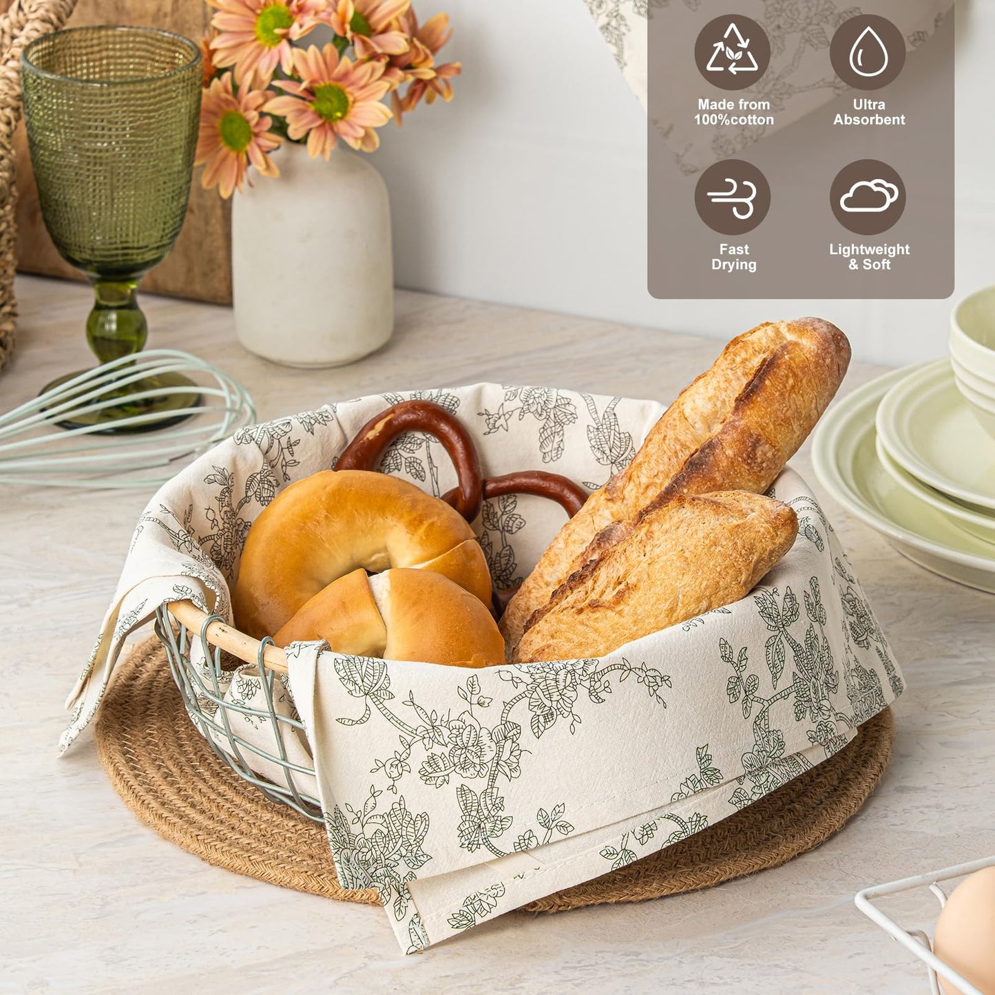 100% Cotton French Pastoral Kitchen Towels Set of 2, Decorative Flour Sack Tea Towels with Hanging Loop 18x25 Inch Absorbent Dish Cloths Farmhouse Home Decor, Brown