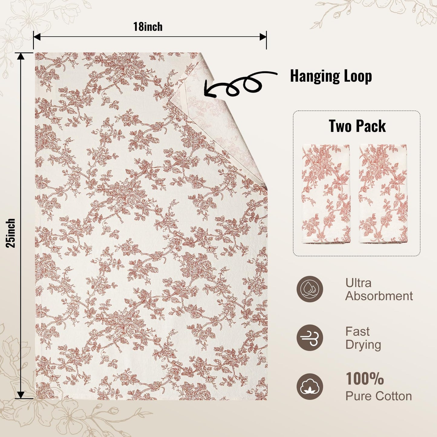 100% Cotton French Pastoral Kitchen Towels Set of 2, Decorative Flour Sack Tea Towels with Hanging Loop 18x25 Inch Absorbent Dish Cloths Farmhouse Home Decor, Brown