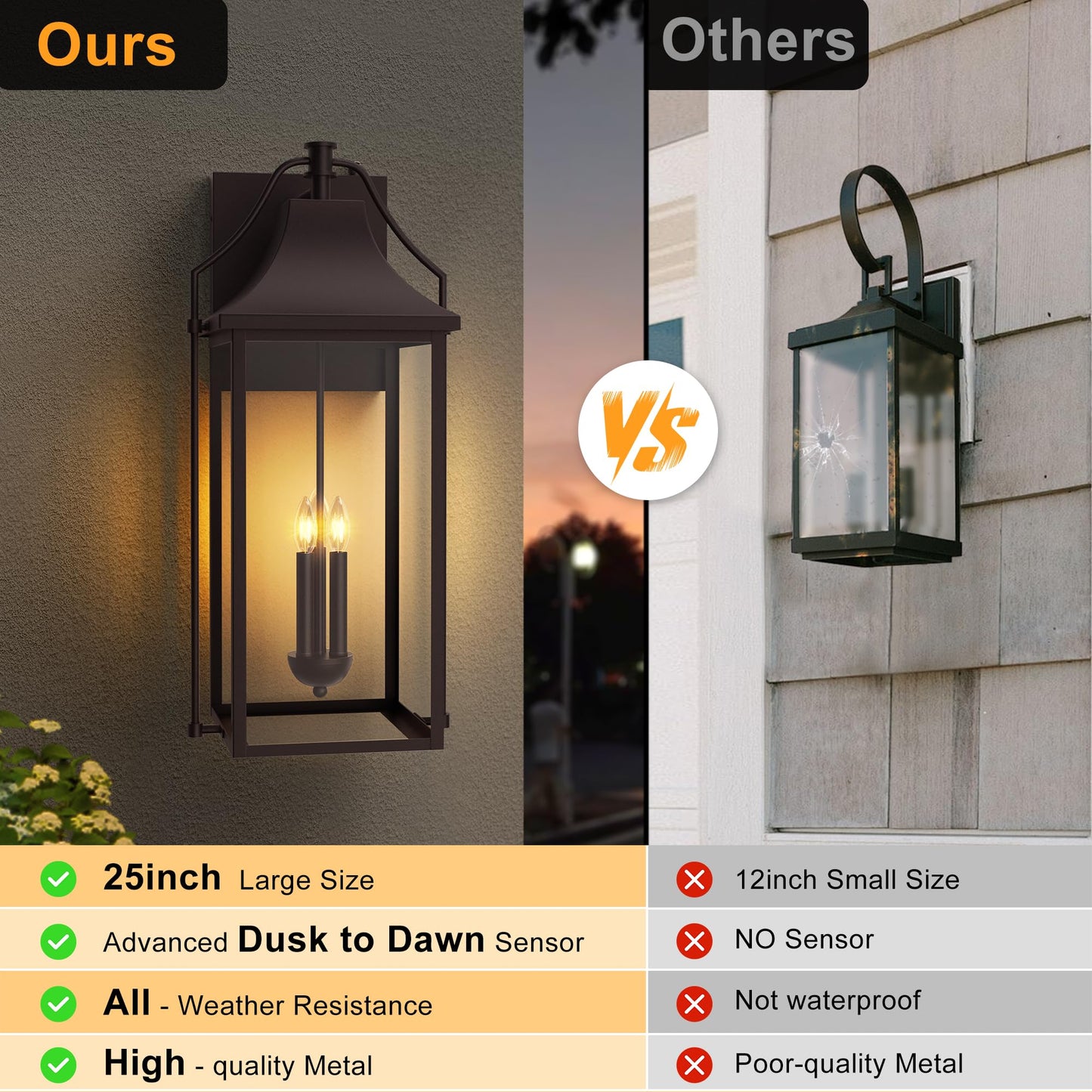 Outdoor Wall Lights Fixtures, Large Size Dusk to Dawn Waterproof Exterior Lanterns, Modern Porch Sconce Wall Mounted with Glass