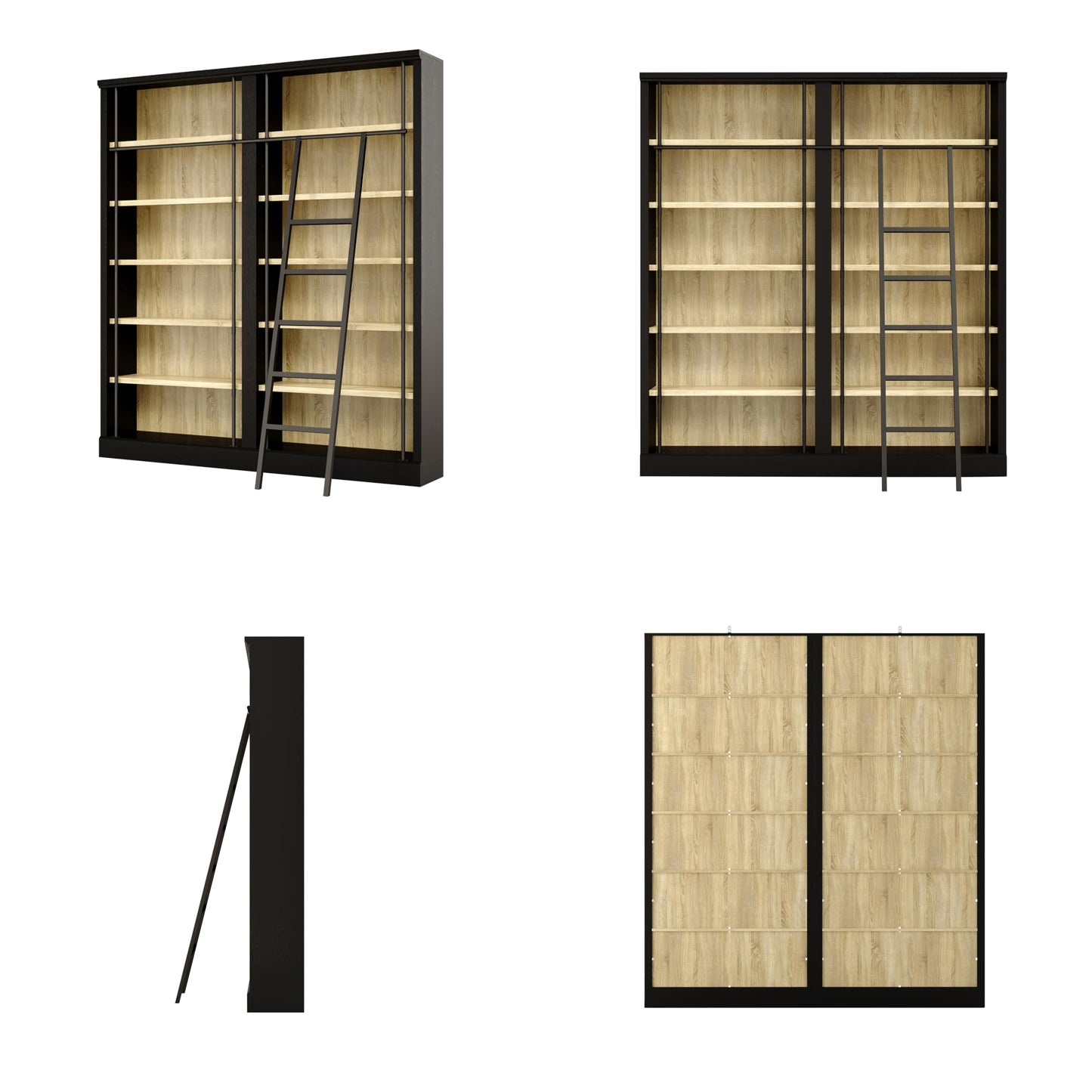 Bookcase Wall with Ladder Black & Wood Grain