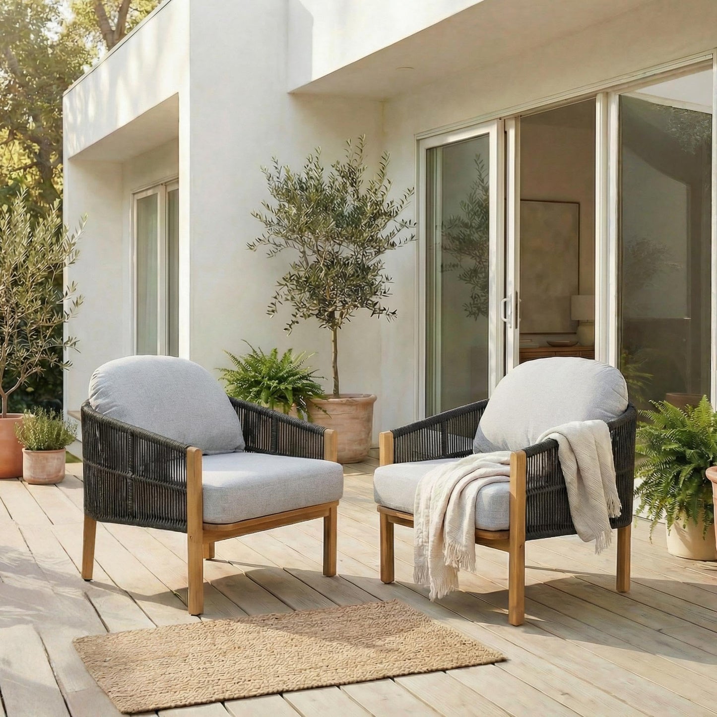 Merax Patio Chairs Set of 2, Acacia Wood Outdoor Club Chair with Cozy 5.75" Thick Cushion & Rope-Weave Backrest, Bohe Style Patio Dining Armchair Chairs for Garden Balcony Outside Dining Relax, Beige