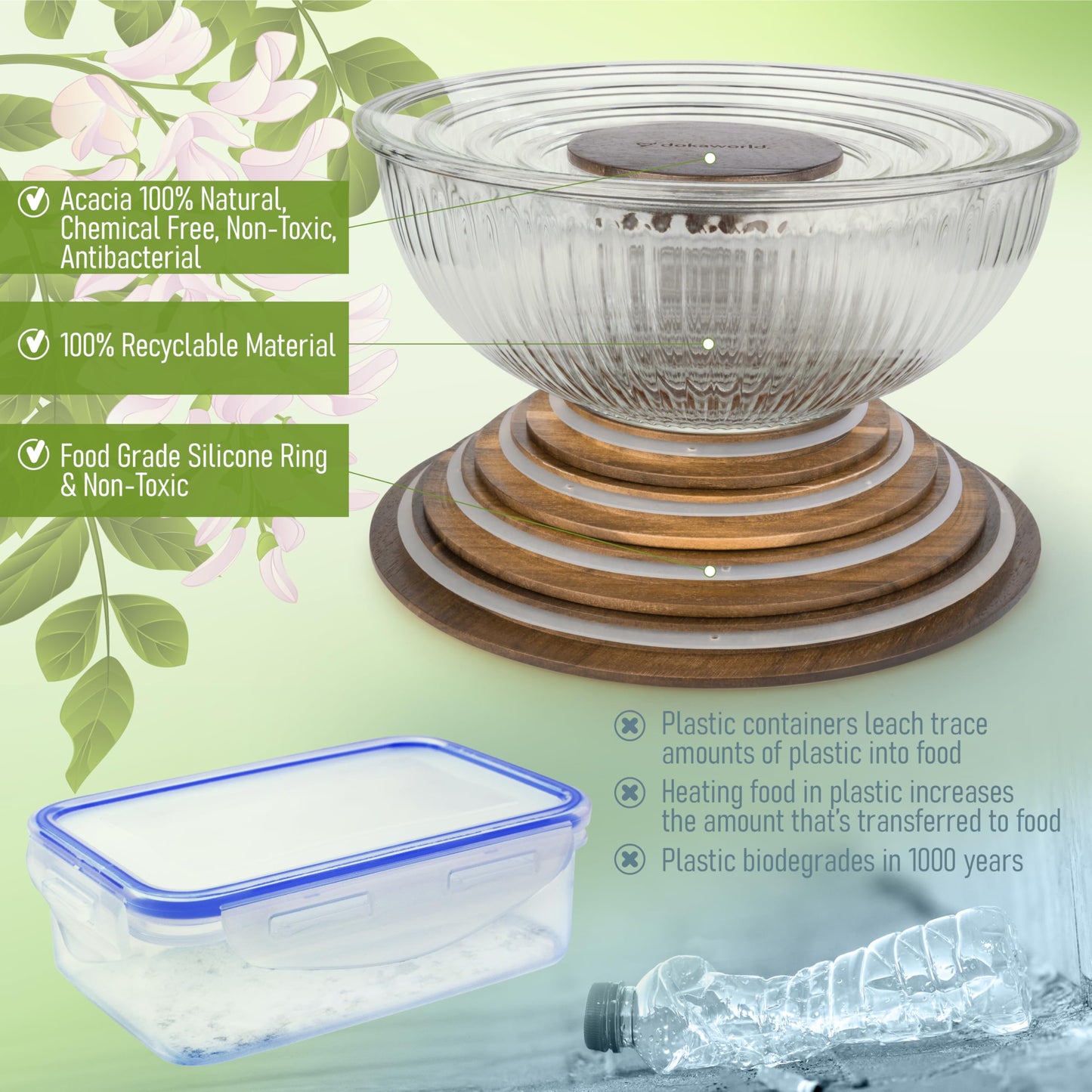 Glass Container Set with Acacia Lids - 4 Stackable Meal Prep Containers. Durable heat resistant Inert Borosilicate Glass