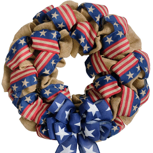 18 Inch Patriotic Burlap Stripe Ribbon Wreath