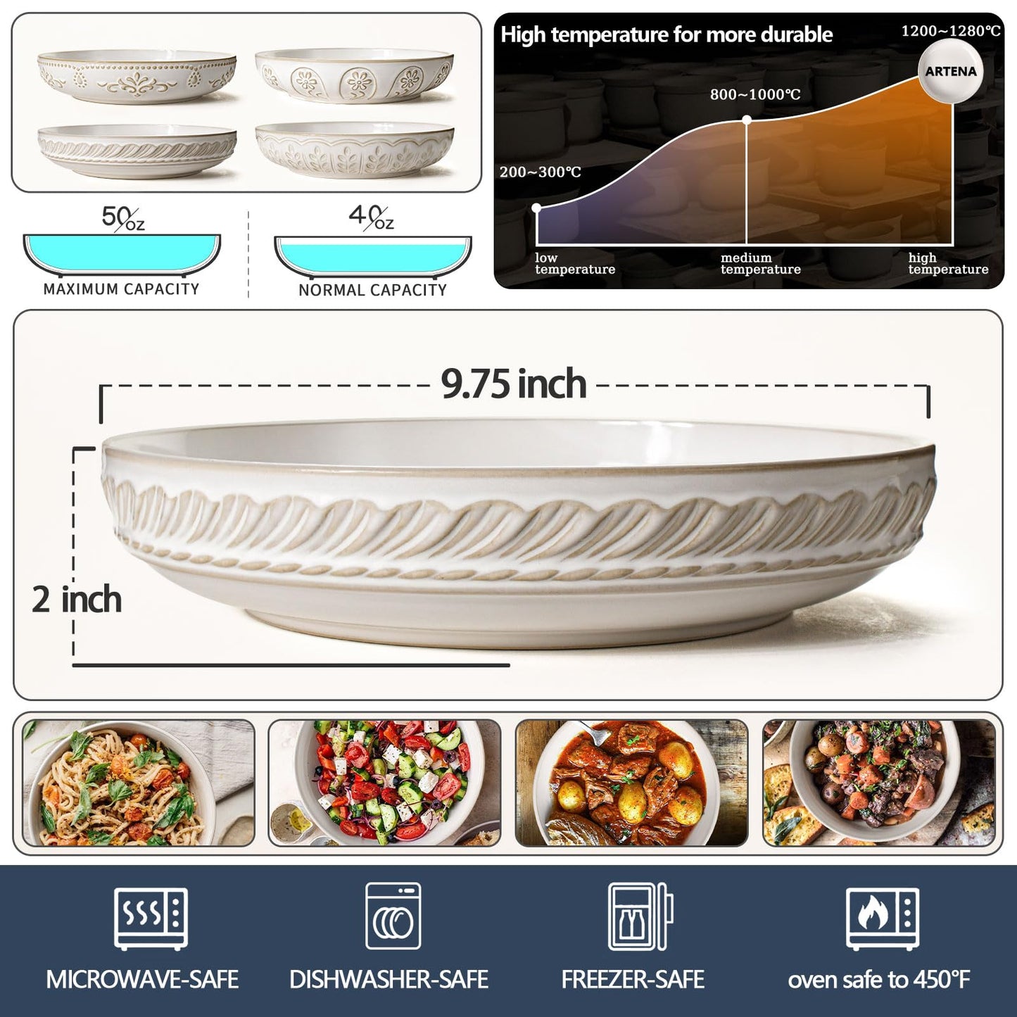 Artena Pasta Bowls, 50oz Large Salad Serving Bowls, 9.75'' Plates Bowl Set of 4, Big White Ceramic Soup Bowl for Kitchen, Embossment Shallow Dinner Bowl, Microwave Dishwasher Safe, Damask Floral