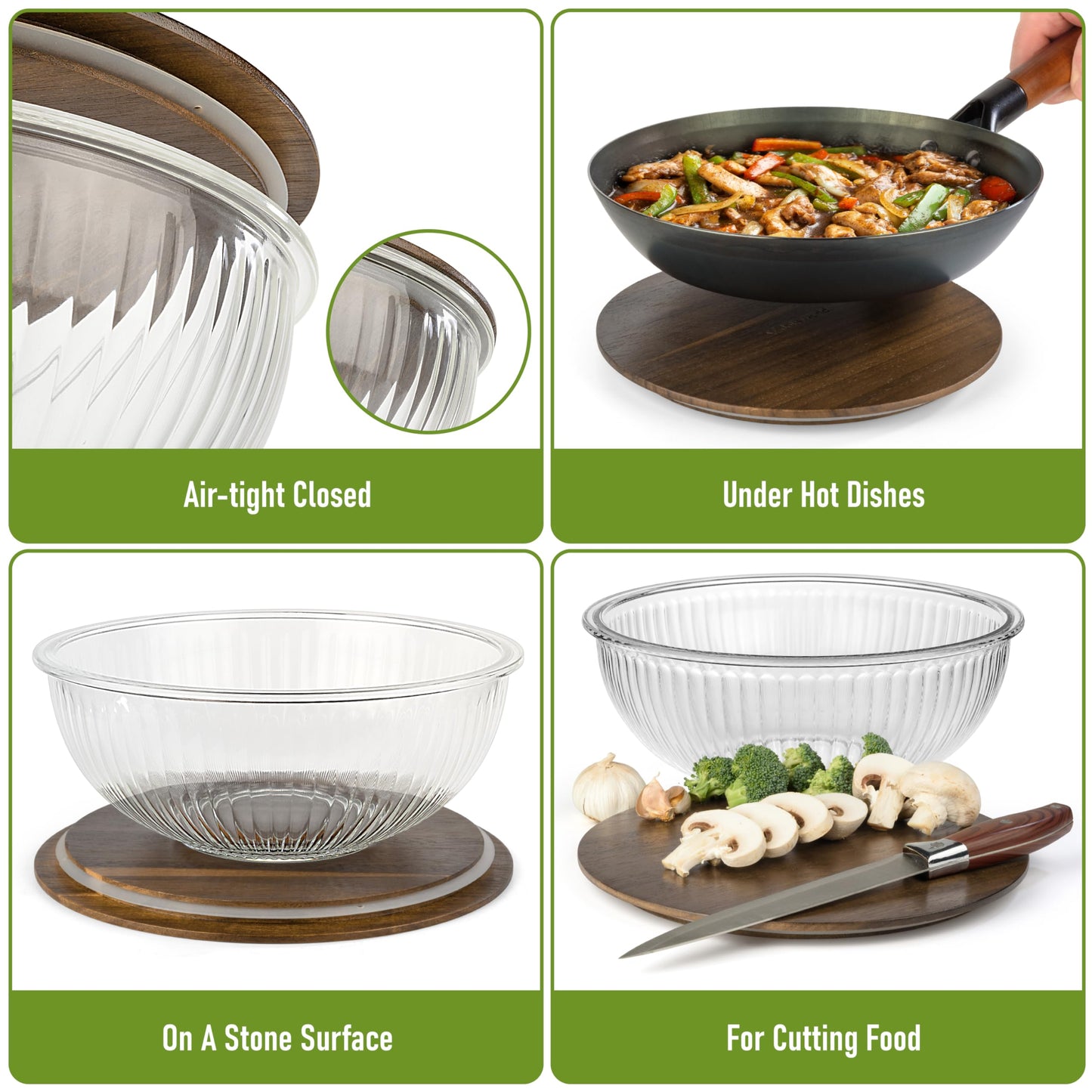 Glass Container Set with Acacia Lids - 4 Stackable Meal Prep Containers. Durable heat resistant Inert Borosilicate Glass