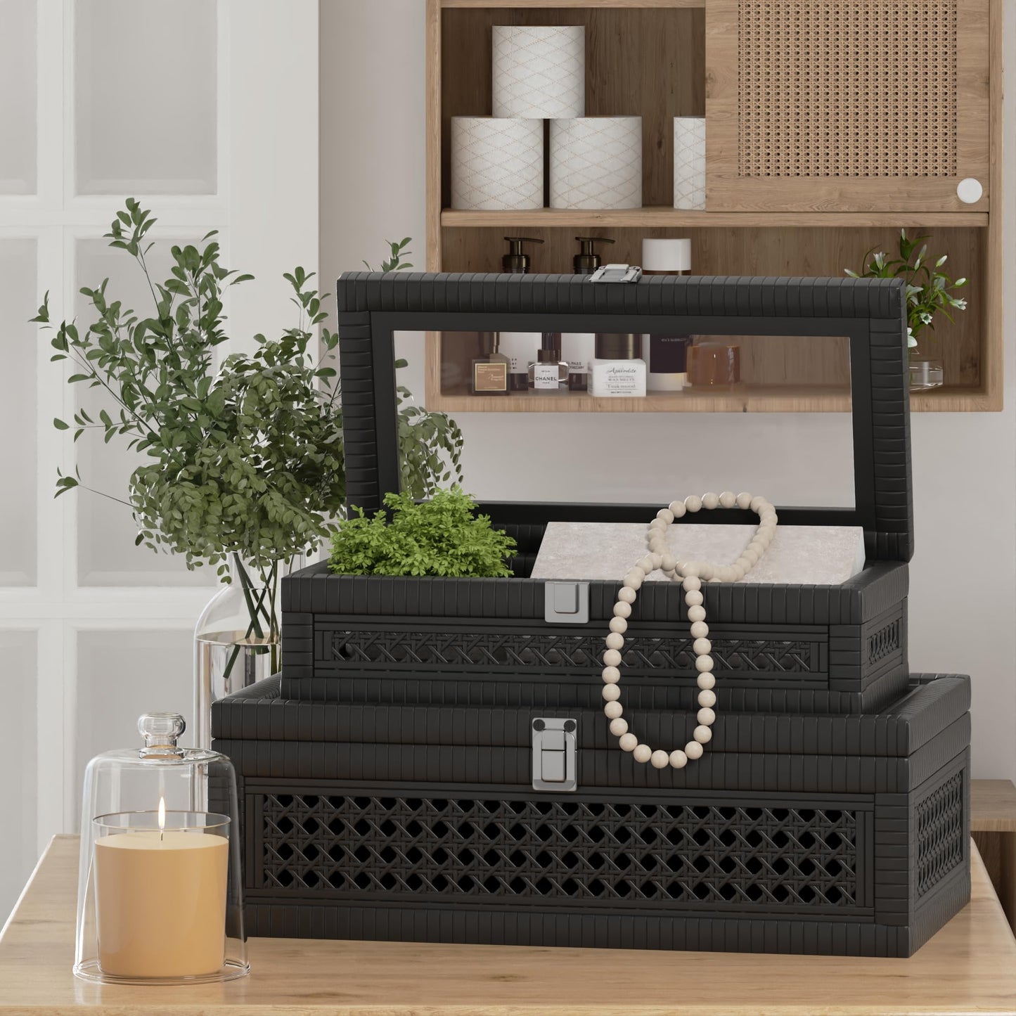 Rattan Decorative Box,Boho Display Boxes with Lids,Set of 2 Rectangular Wicker Storage Decoration,Natural Woven Cane Bins for Home Decor for Rustic Farmhouse(Yellow and Black)