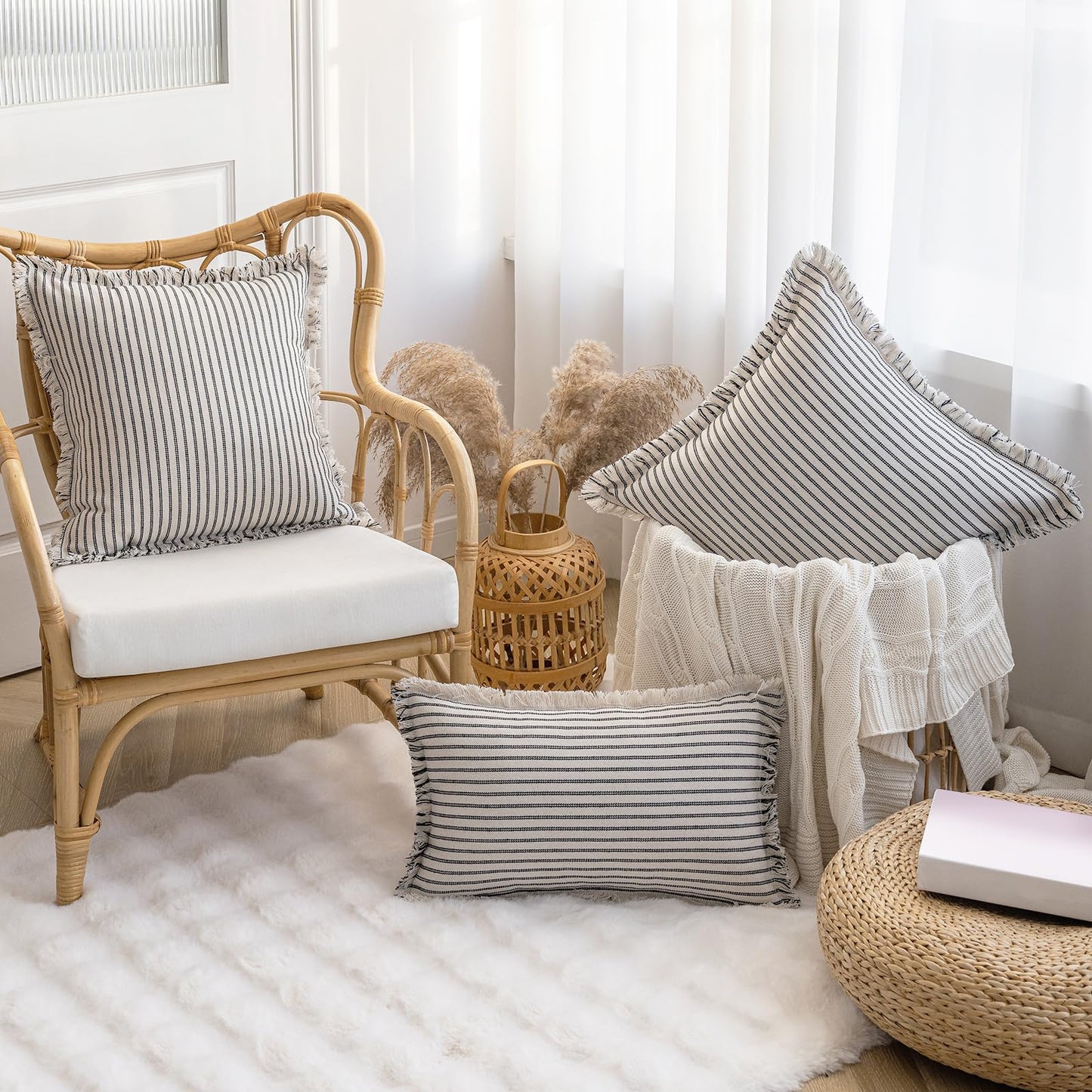 Throw Pillow Covers 18x18 Set of 2 Striped Fringe