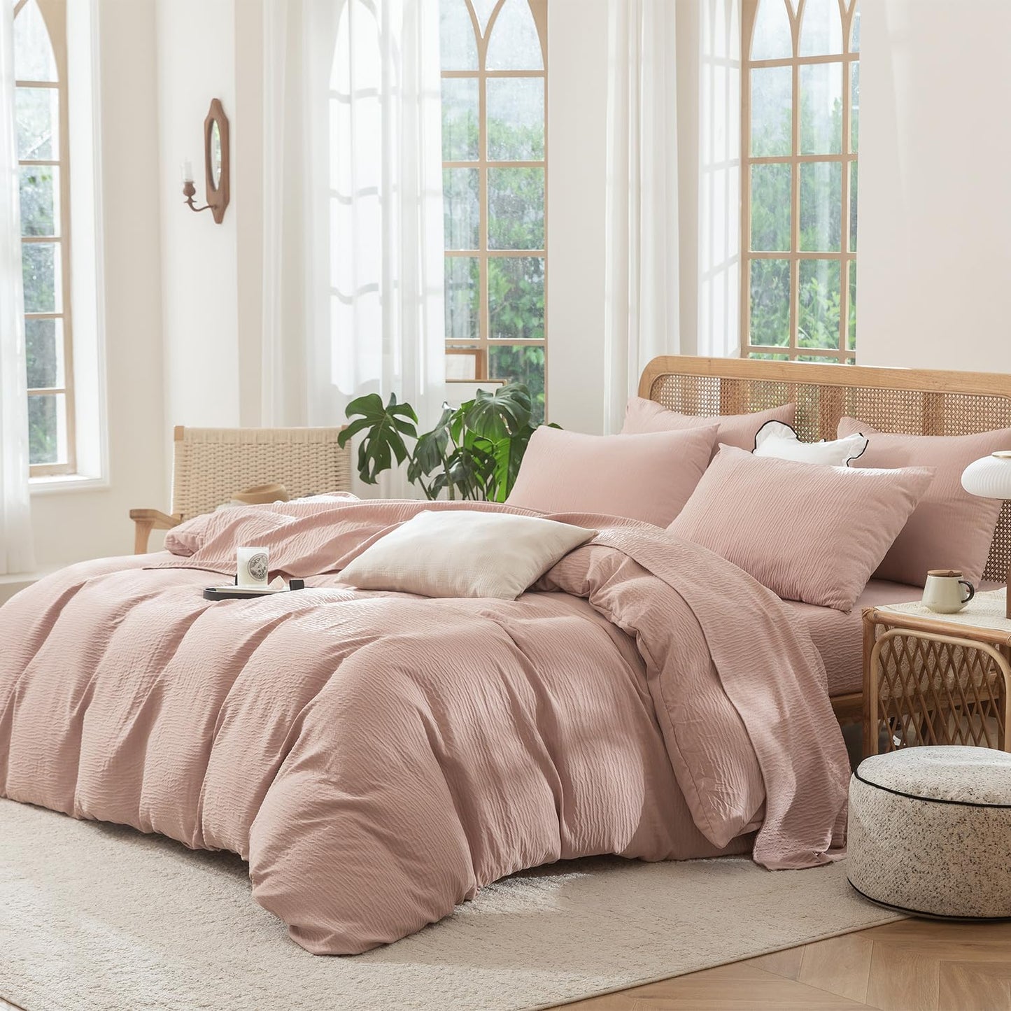 Striped Duvet Cover Queen Beige Washed Microfiber Jacquard 3 Pieces Bedding Set, White Beige Vertical Ticking Stripes Pattern Comforter Cover with Zipper Closure Breathable Durable Soft Comfy