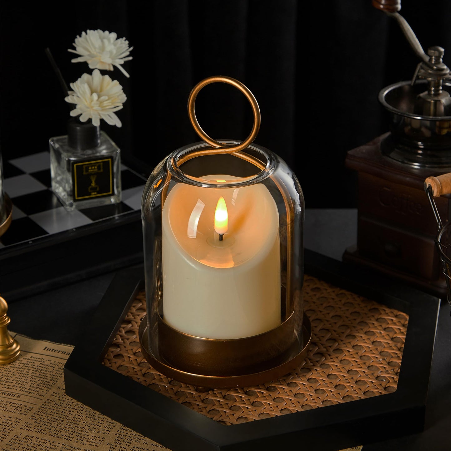 Brass Hurricane Candle Holder with Handmade Glass Dome, Set of 2