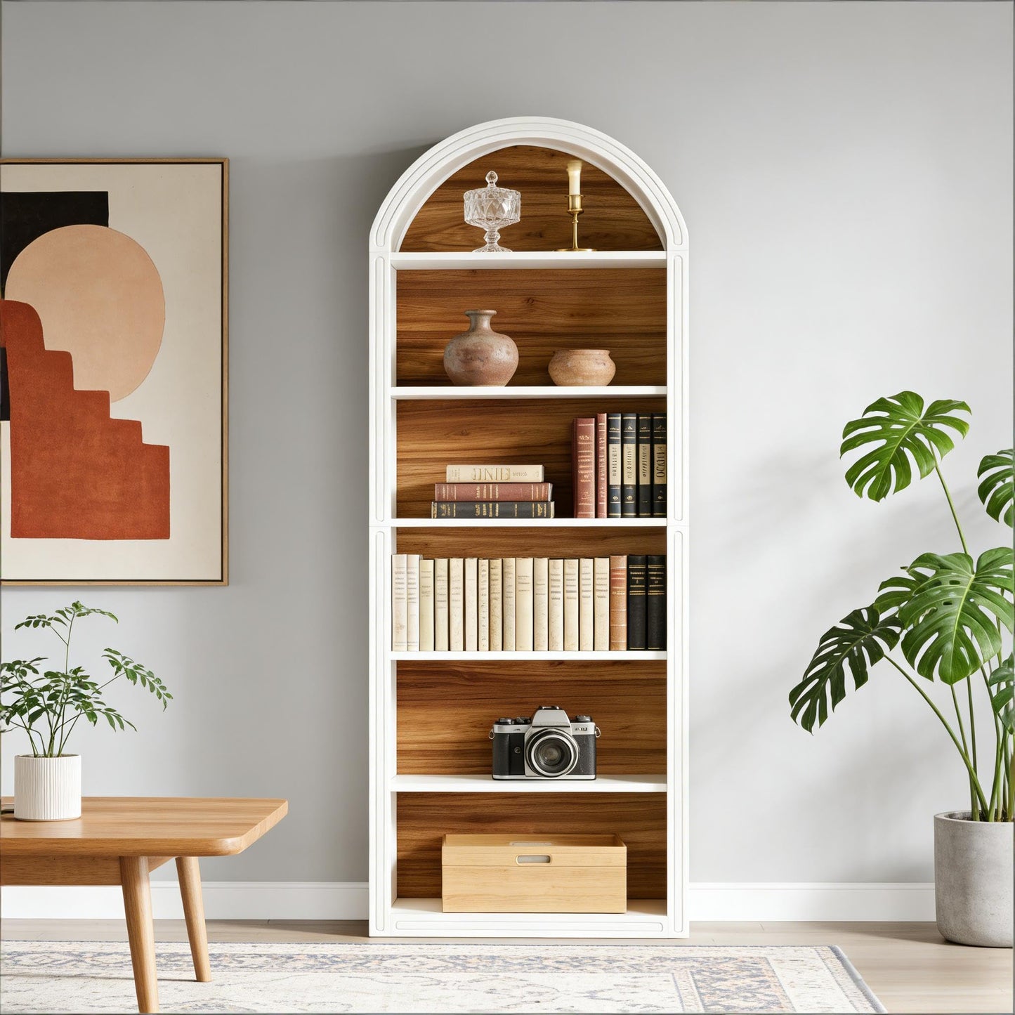 Arched 8 Tier Tall Bookshelf with Wood Back Panel