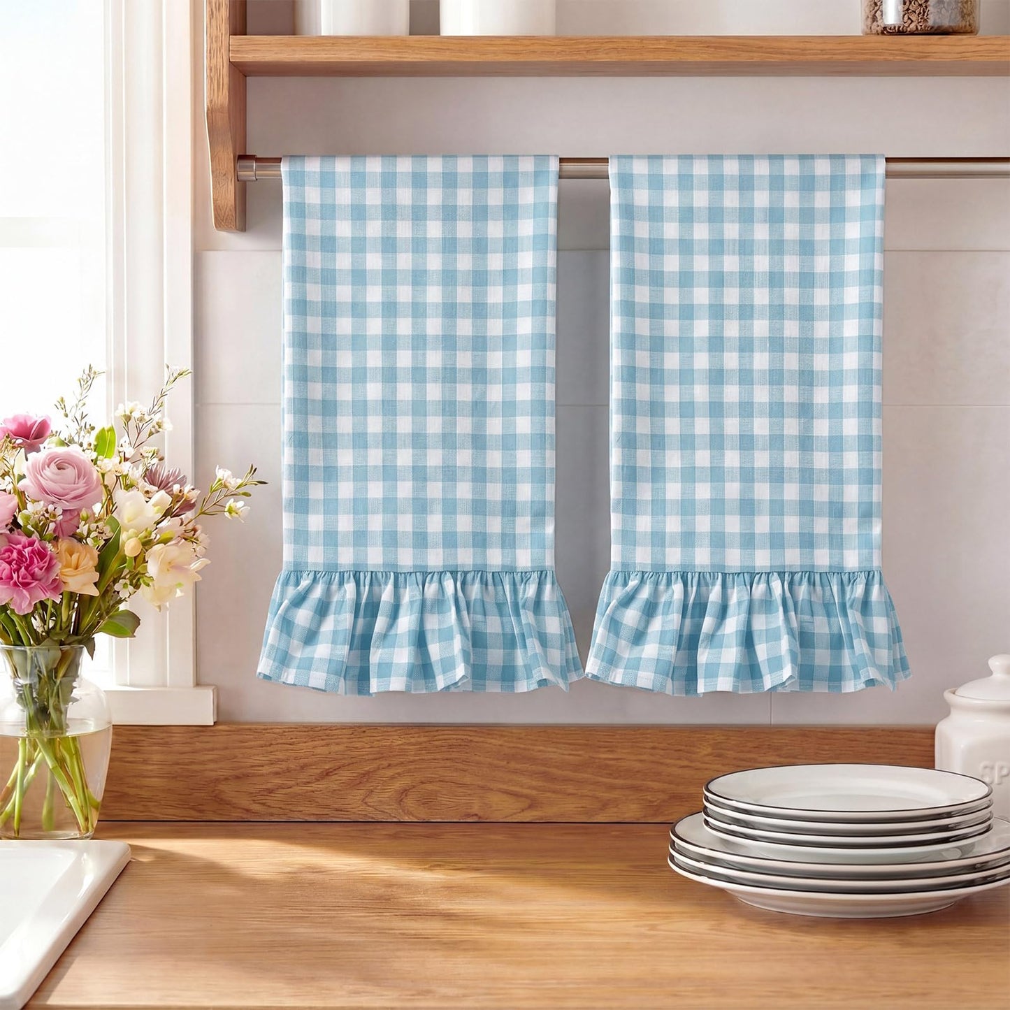 HunnmingRe Taupe Kitchen Towels Set of 2, 100% Cotton Ruffled Gingham Dish Towels 18"x28" Tea Cloths Classic Plaid Pattern for Farmhouse Charm, Drying Dishes, Entertaining Guests
