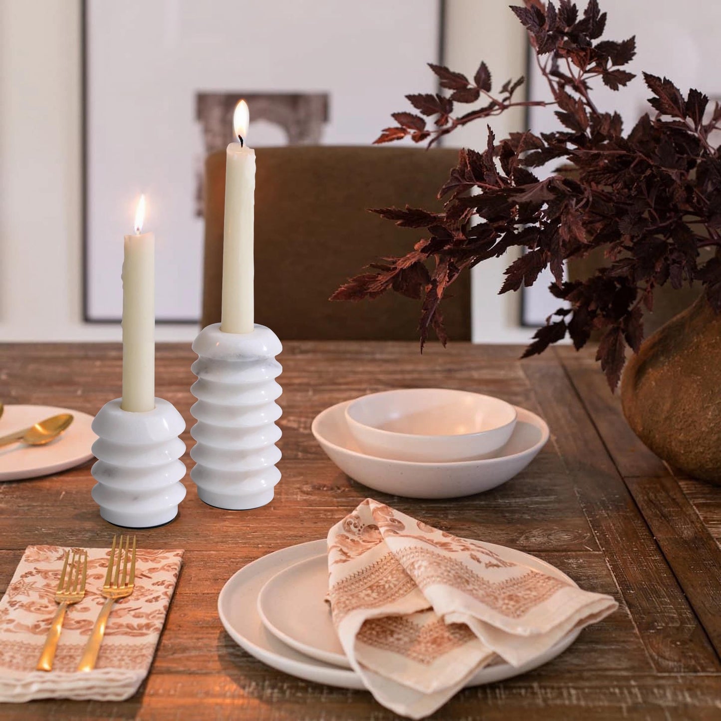 Marble Candlestick Holders, Set of 2 Natural Stone