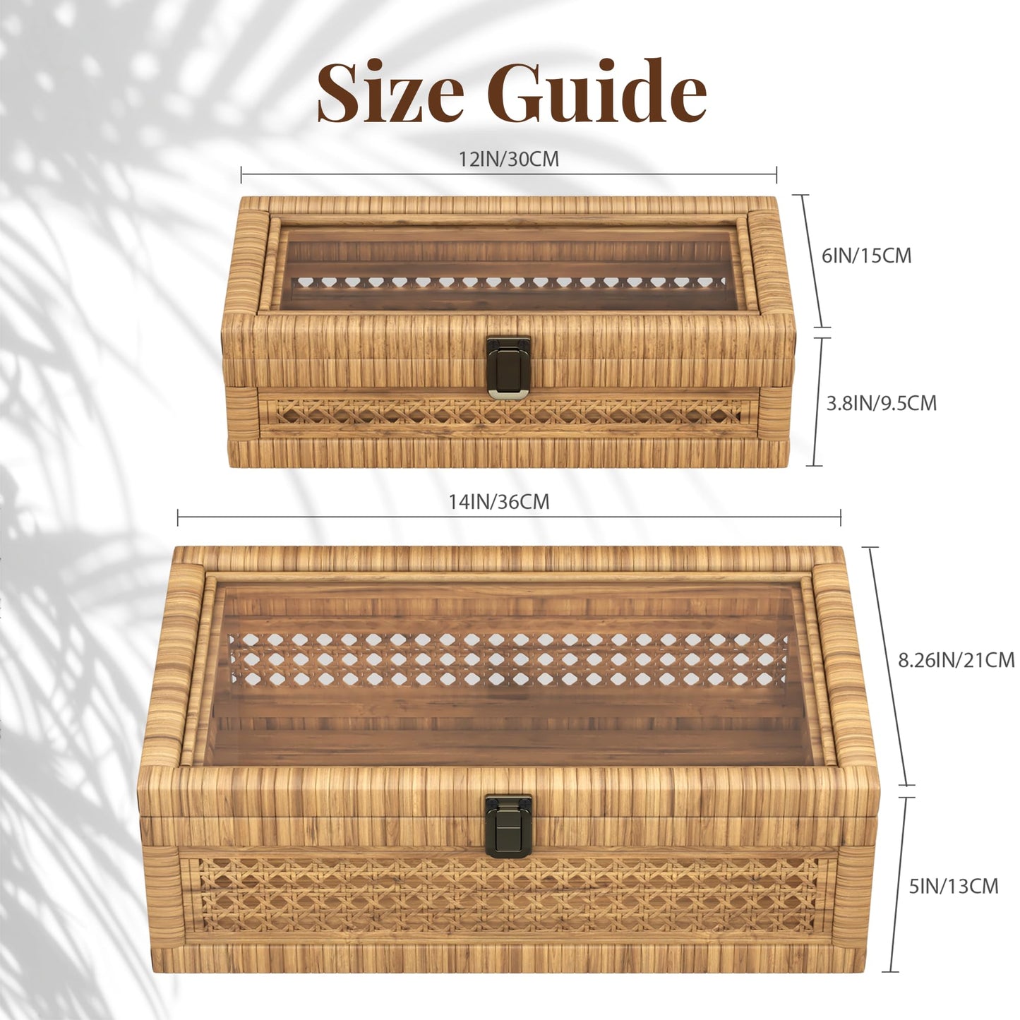 Rattan Decorative Box,Boho Display Boxes with Lids,Set of 2 Rectangular Wicker Storage Decoration,Natural Woven Cane Bins for Home Decor for Rustic Farmhouse(Yellow and Black)