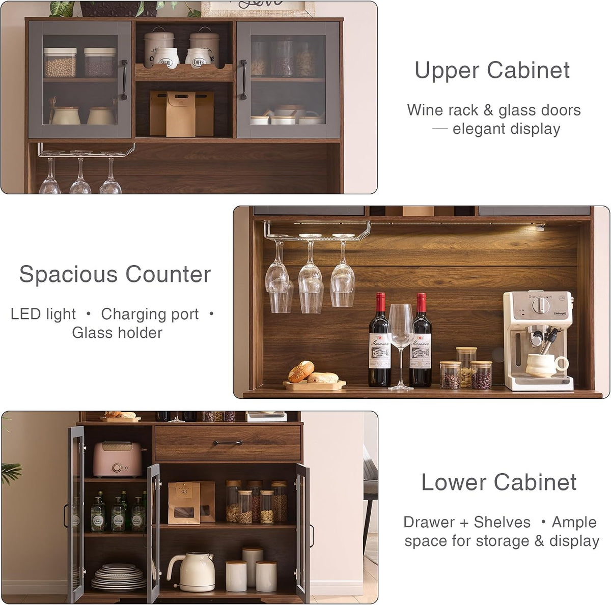 71" Cabinet with Wine Rack and Charging Station, Set of 2