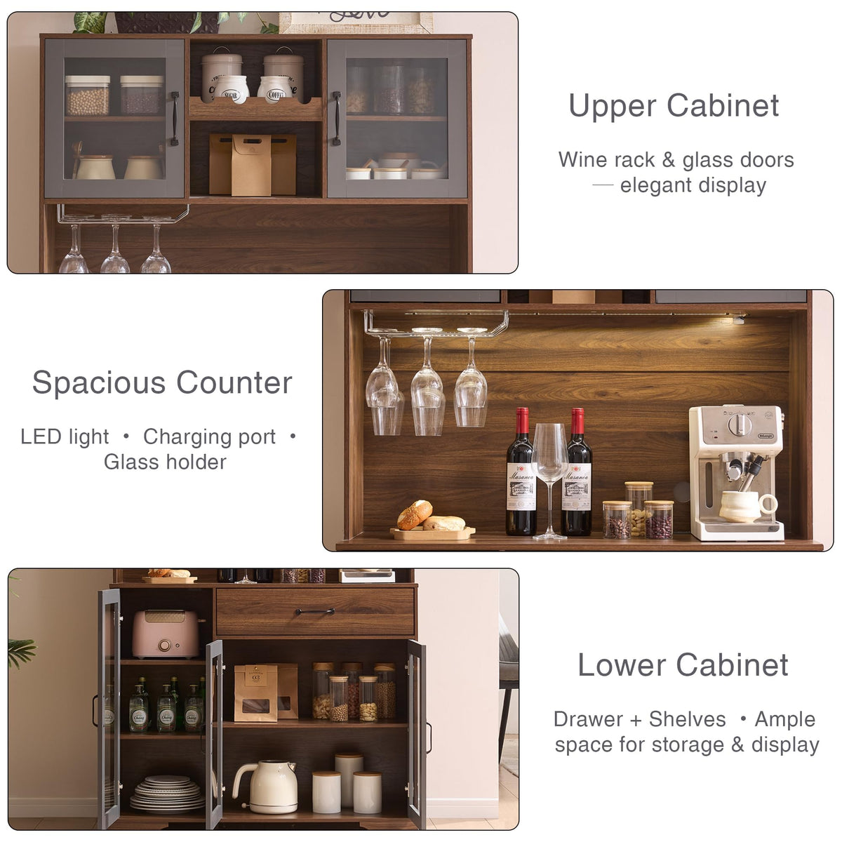 71" Cabinet with Wine Rack and Charging Station, Set of 2