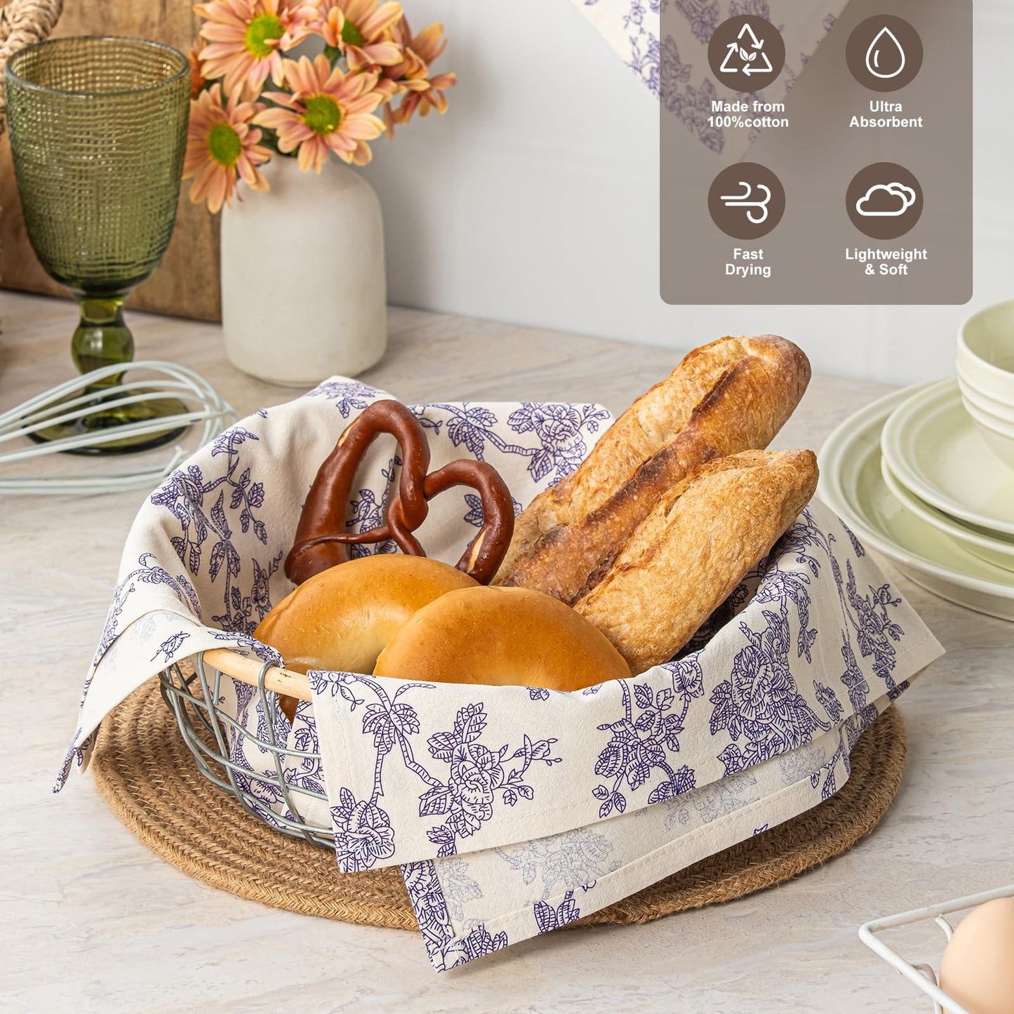 100% Cotton French Pastoral Kitchen Towels Set of 2, Decorative Flour Sack Tea Towels with Hanging Loop 18x25 Inch Absorbent Dish Cloths Farmhouse Home Decor, Brown