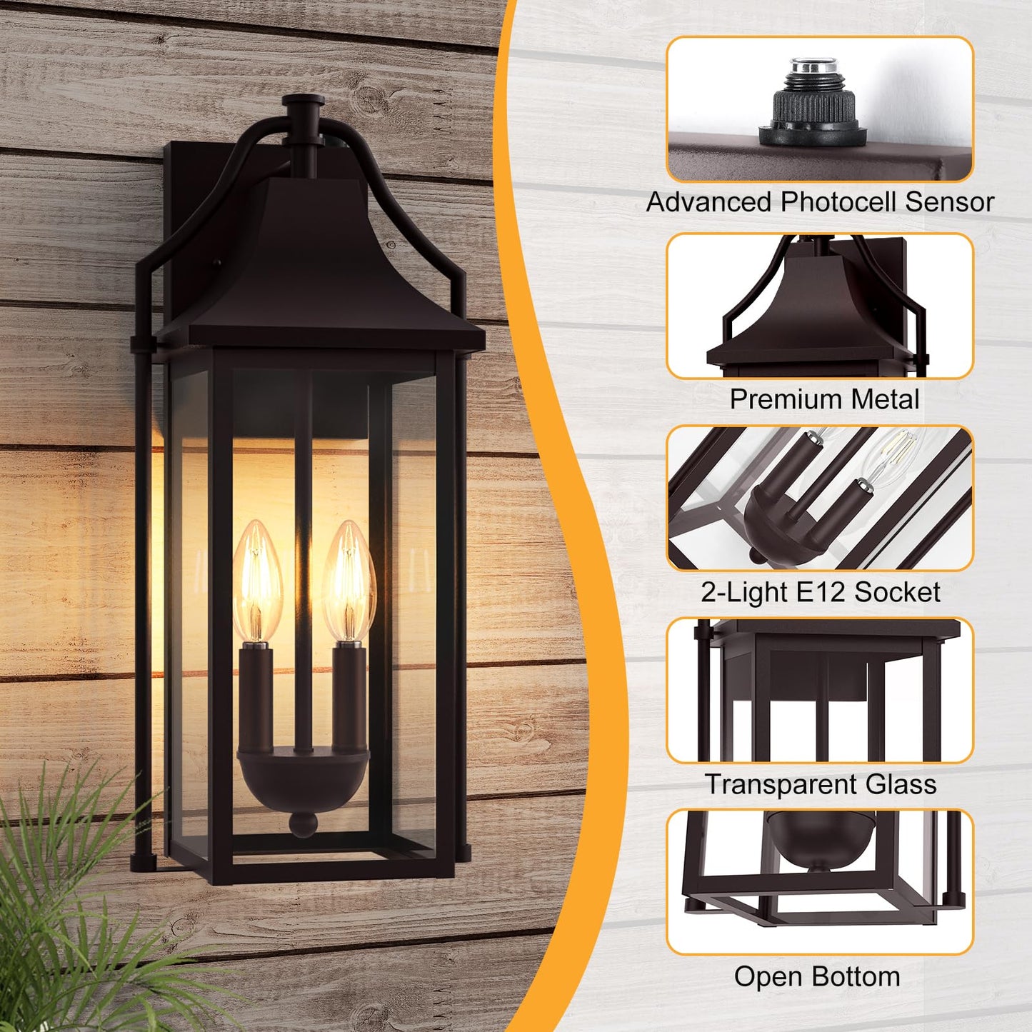 Outdoor Wall Lights Fixtures, Large Size Dusk to Dawn Waterproof Exterior Lanterns, Modern Porch Sconce Wall Mounted with Glass