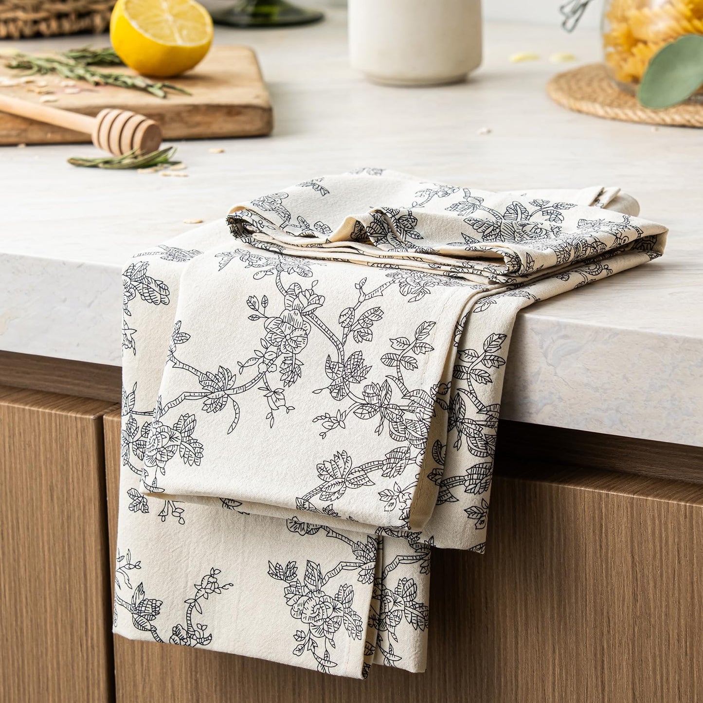 100% Cotton French Pastoral Kitchen Towels Set of 2, Decorative Flour Sack Tea Towels with Hanging Loop 18x25 Inch Absorbent Dish Cloths Farmhouse Home Decor, Brown