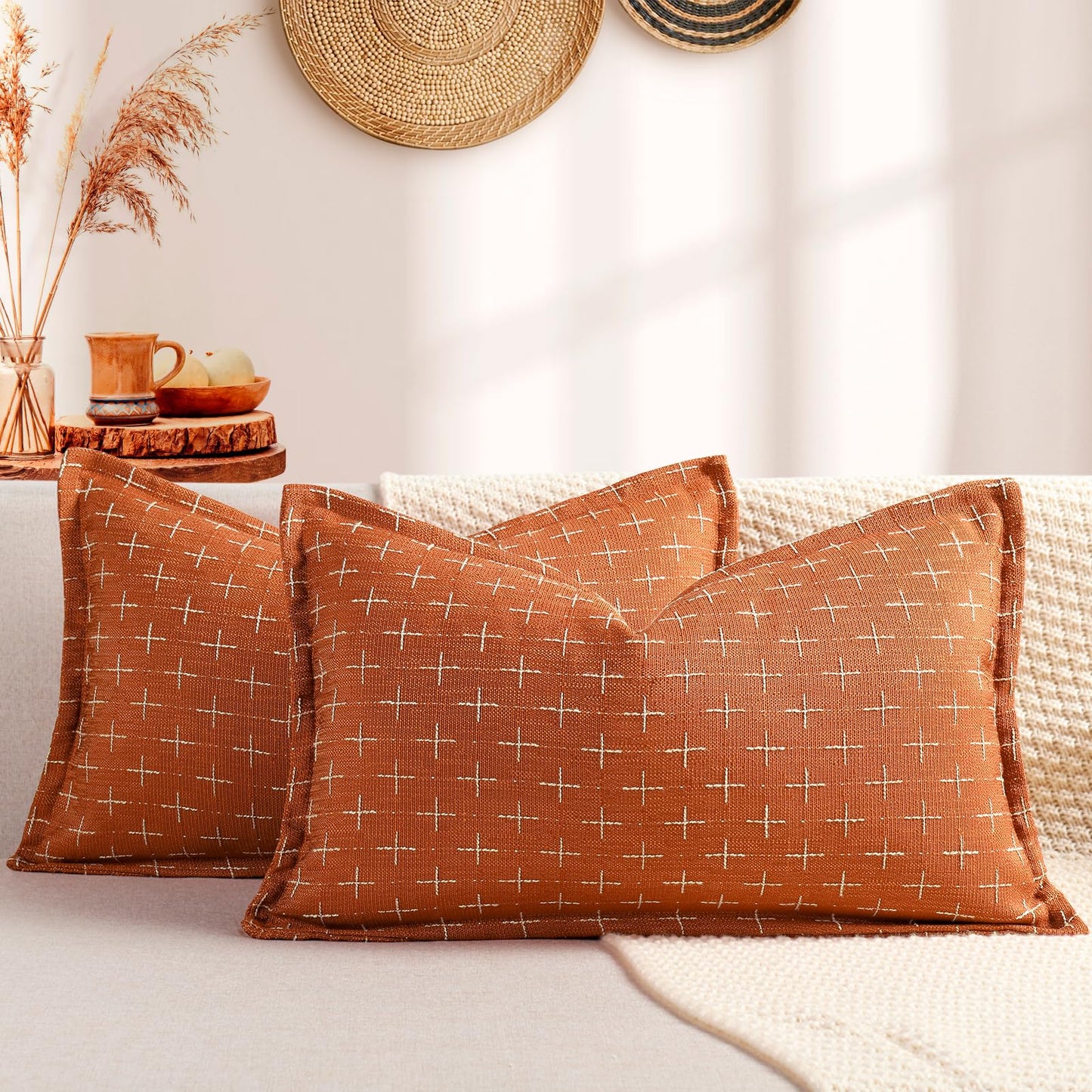 ZWJD Pillow Covers 18x18 Set of 2 Soft Polyester Textured Pillow Covers with Stylish Flange Edge Cozy Farmhouse Throw Pillows for Couch Bed Sofa Living Room