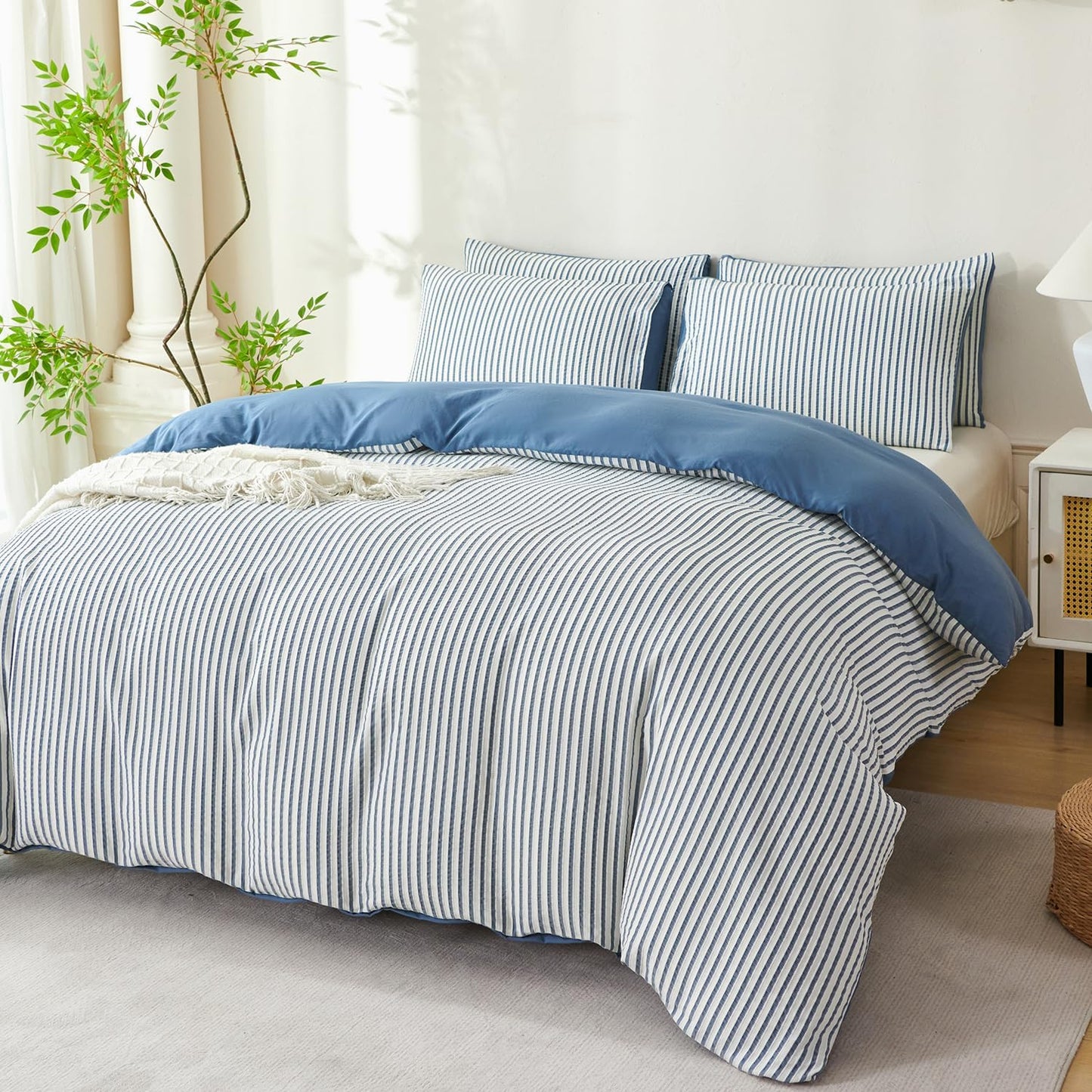 Striped Duvet Cover Queen Beige Washed Microfiber Jacquard 3 Pieces Bedding Set, White Beige Vertical Ticking Stripes Pattern Comforter Cover with Zipper Closure Breathable Durable Soft Comfy