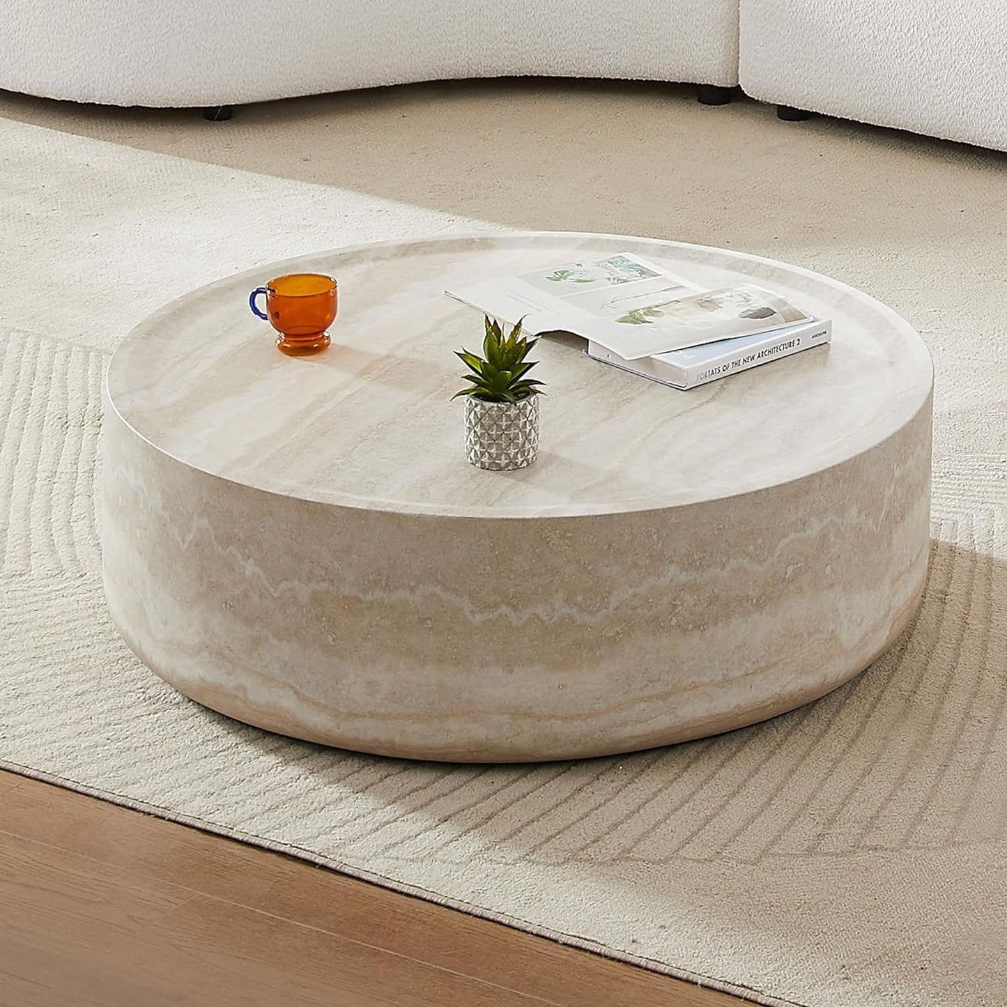 WILLIAMSPACE 43.31" Rectangle Coffee Table with Burl Wood Veneer & Sturdy Base, Modern Luxury Wood Drum Center Table End Table Accent Side Table for Living Room, Minimalist Fluted Design, Oak