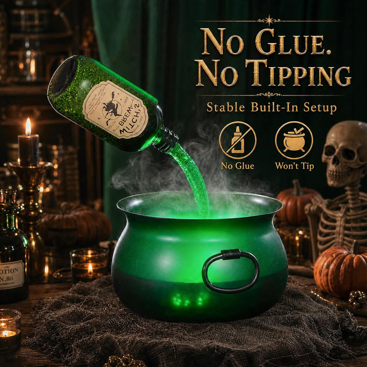 Large Translucent Witches Cauldron with Magic Floating Potion Bottles