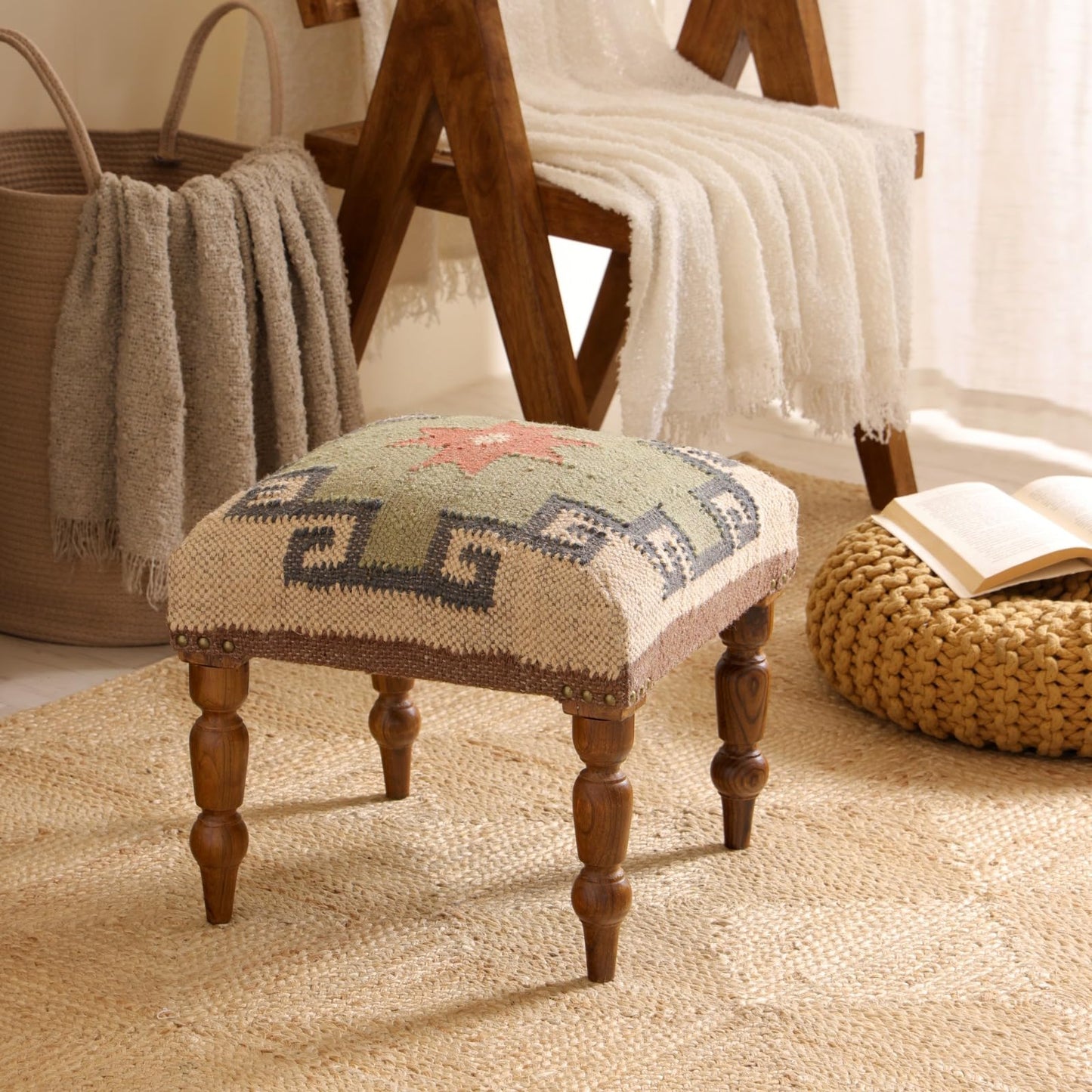 Handmade Jute Ottoman Stool with Wooden Legs