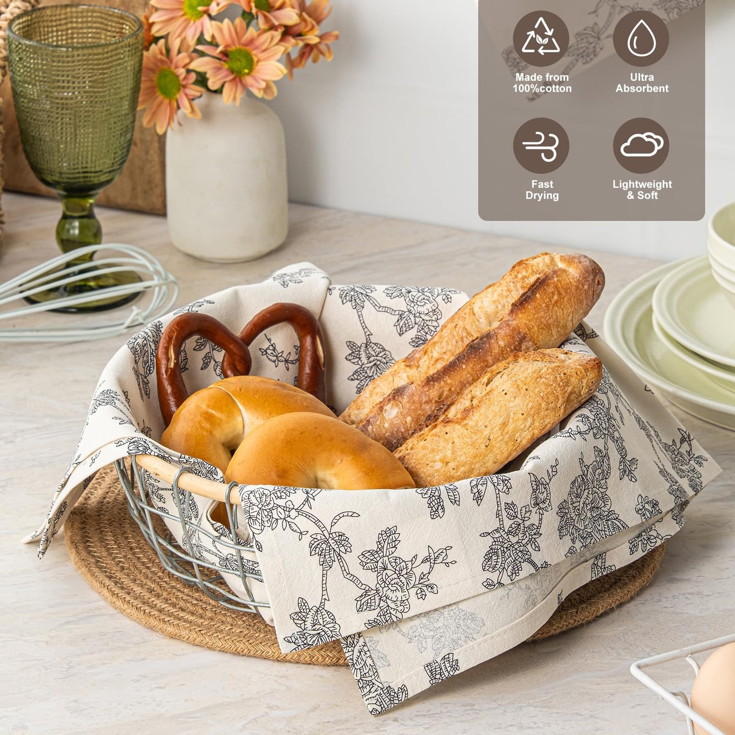 100% Cotton French Pastoral Kitchen Towels Set of 2, Decorative Flour Sack Tea Towels with Hanging Loop 18x25 Inch Absorbent Dish Cloths Farmhouse Home Decor, Brown