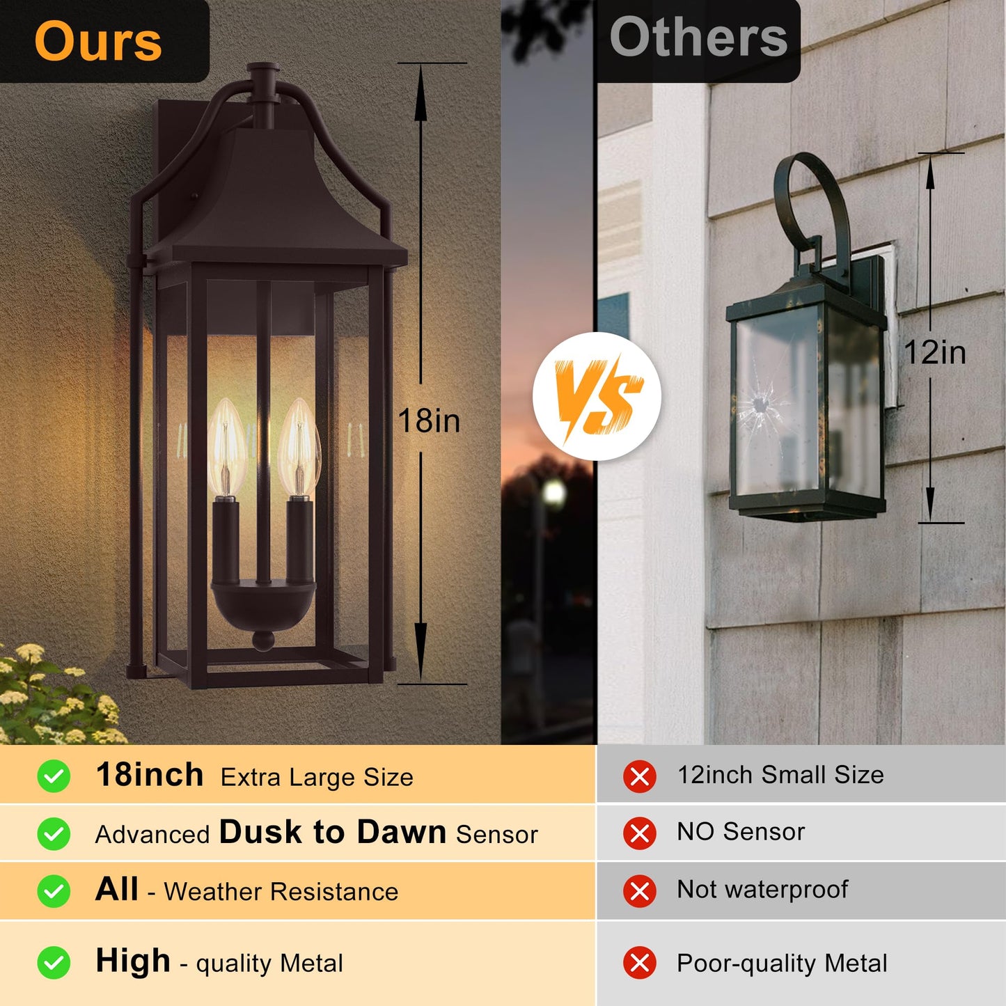 Outdoor Wall Lights Fixtures, Large Size Dusk to Dawn Waterproof Exterior Lanterns, Modern Porch Sconce Wall Mounted with Glass