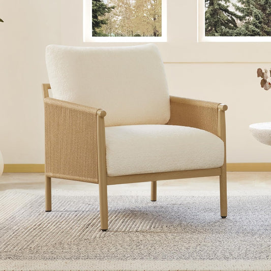 CHITA Braid Accent Chairs, Modern Armchair with Wood-Like Finish Metal Frame for Living Room and Bedroom, Boho Reading Chair, Cream