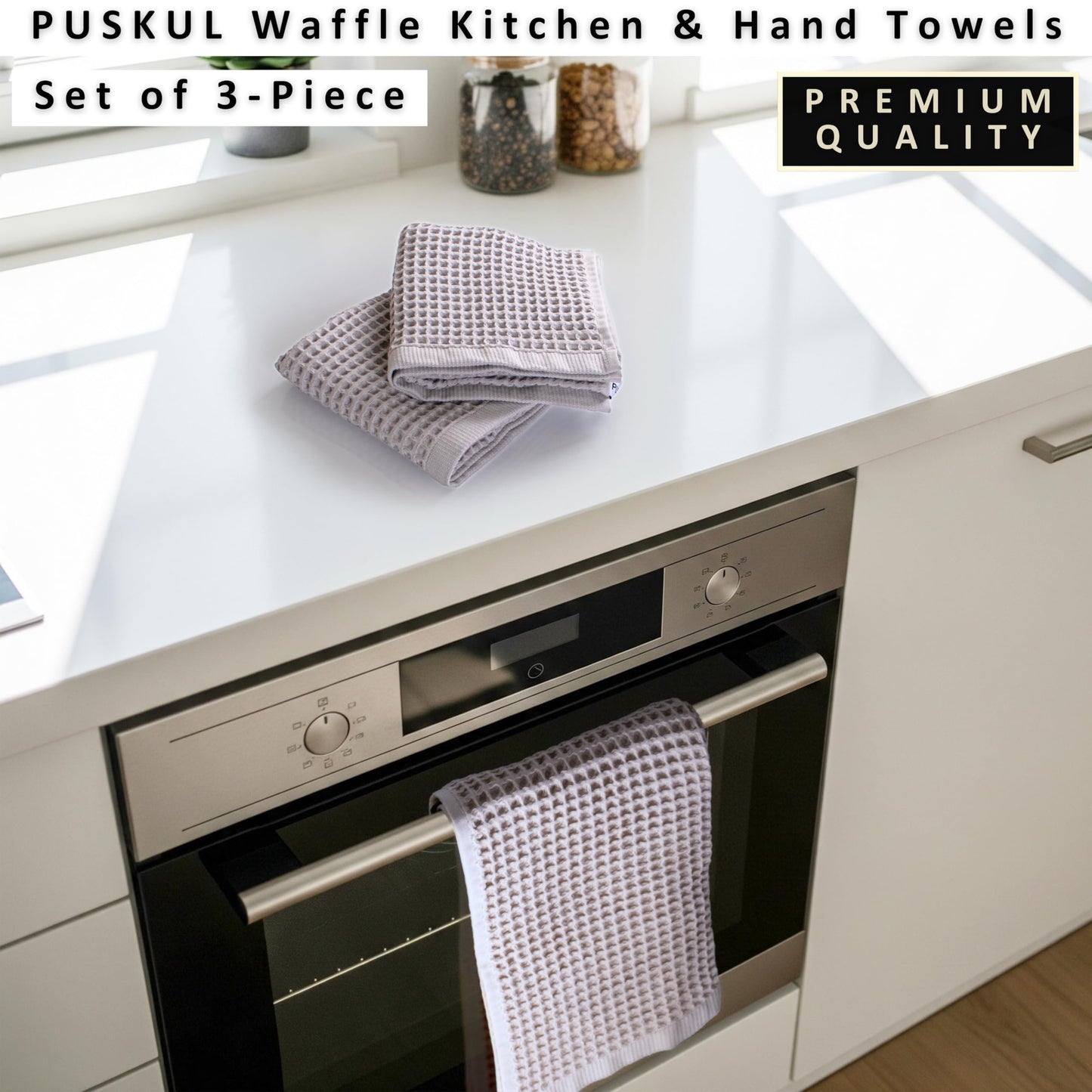 PÜSKÜL Organic Waffle Kitchen Towel Pure 100% Turkish Cotton Set of 3 Natural Raw-Undyed Towel - Premium Quality Soft Quick-Dry Absorbent Lint-Free Hand & Dish Towels Large 32X16 (3, Natural Beige)
