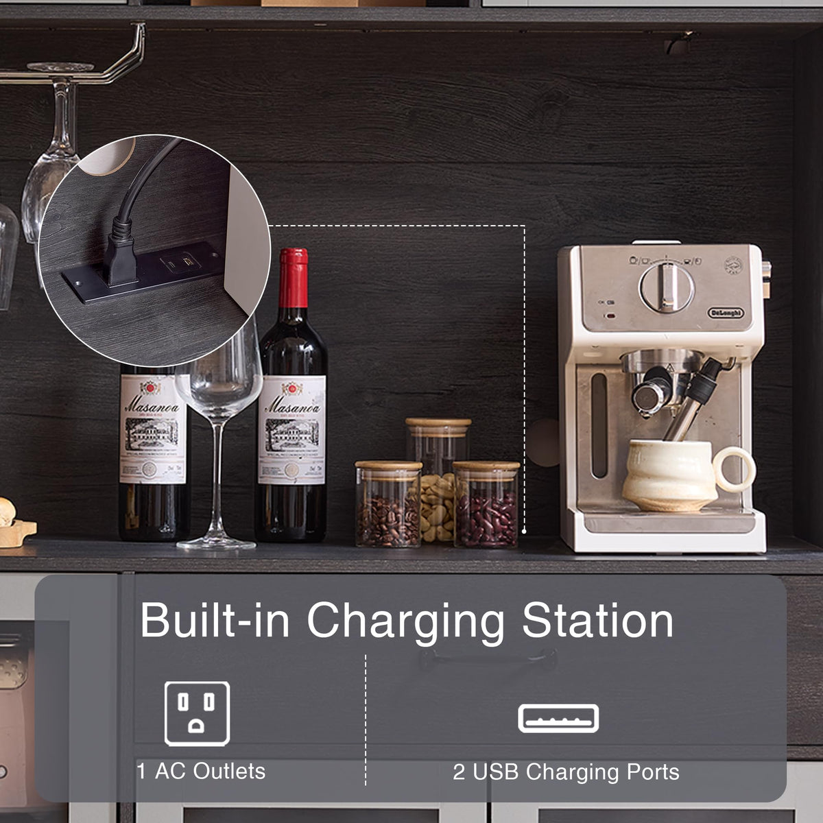 71" Cabinet with Wine Rack and Charging Station, Set of 2