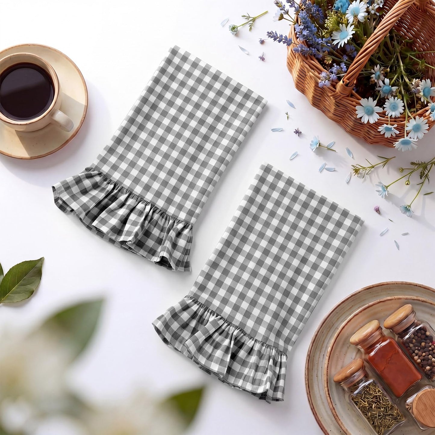 HunnmingRe Taupe Kitchen Towels Set of 2, 100% Cotton Ruffled Gingham Dish Towels 18"x28" Tea Cloths Classic Plaid Pattern for Farmhouse Charm, Drying Dishes, Entertaining Guests