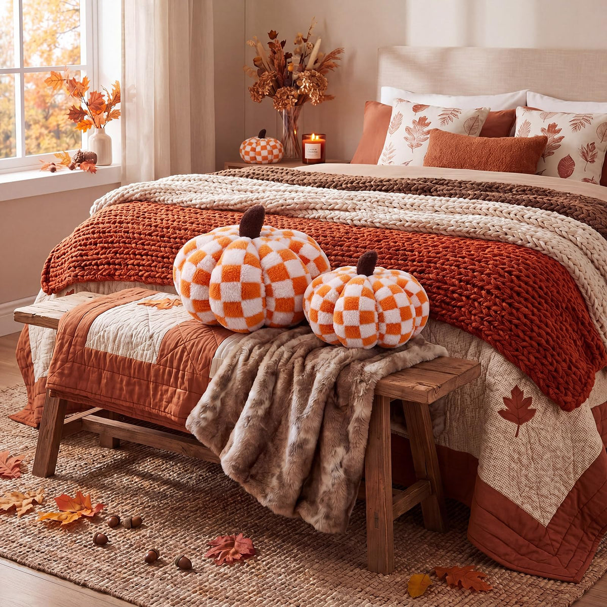 2 Pcs Pumpkin Pillows Brown White Checkerboard