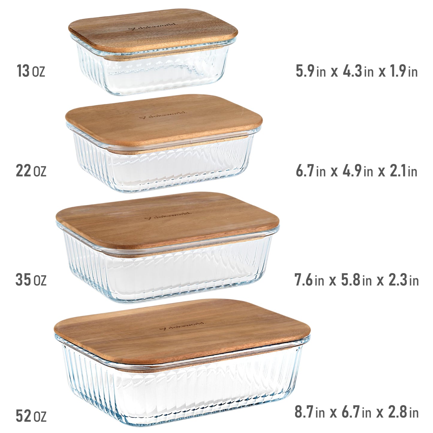 Glass Container Set with Acacia Lids - 4 Stackable Meal Prep Containers. Durable heat resistant Inert Borosilicate Glass