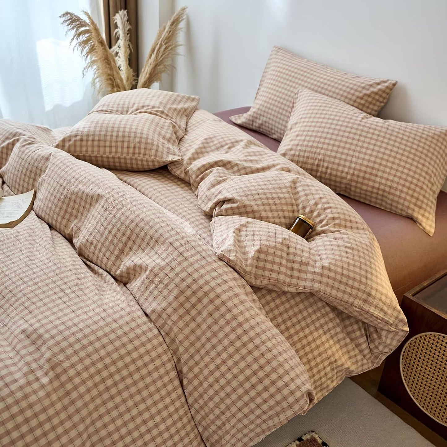 Duvet Cover Set - Brown Plaid Gingham Comforter Cover with Zipper Closure